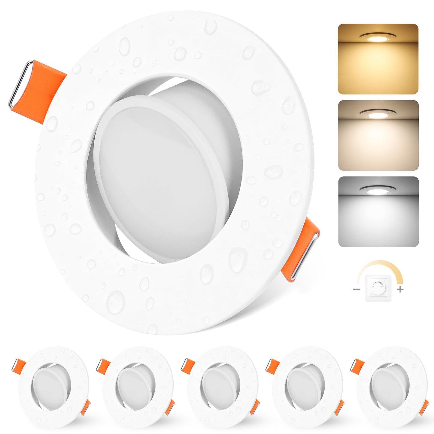 YindaLux 6x LED iebūvējamie prožektori 230V, dimmējami, 5W, IP44, balti, montāžas caurums 68-80 mm