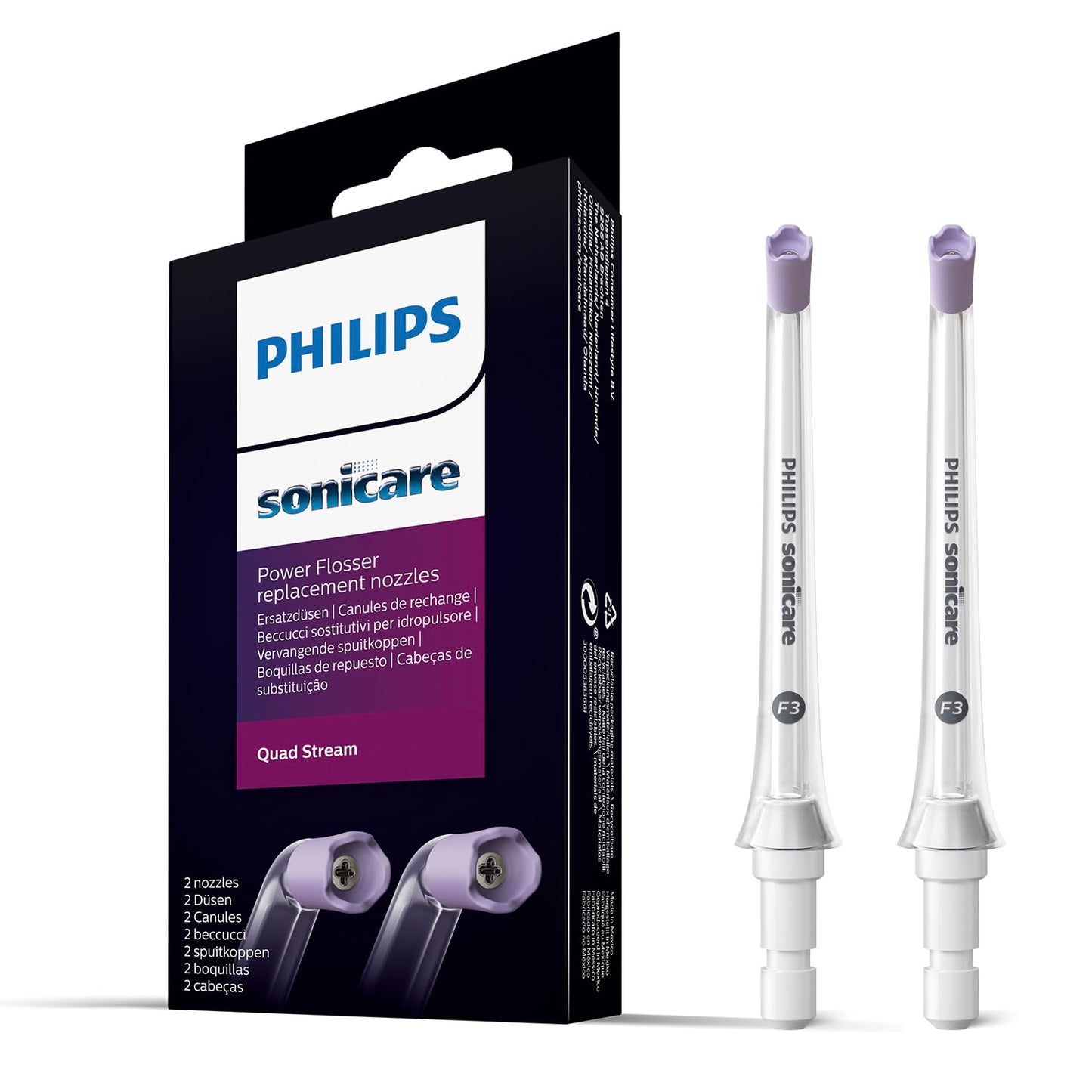 Philips Sonicare Quad Stream-Düse F3 zobu diegšanai, divu iepakojums – mutes skalošanas flosser, kas paredzēts lietošanai ar bezvadu Philips Sonicare Power Flosser (modelis HX3062/00) balts