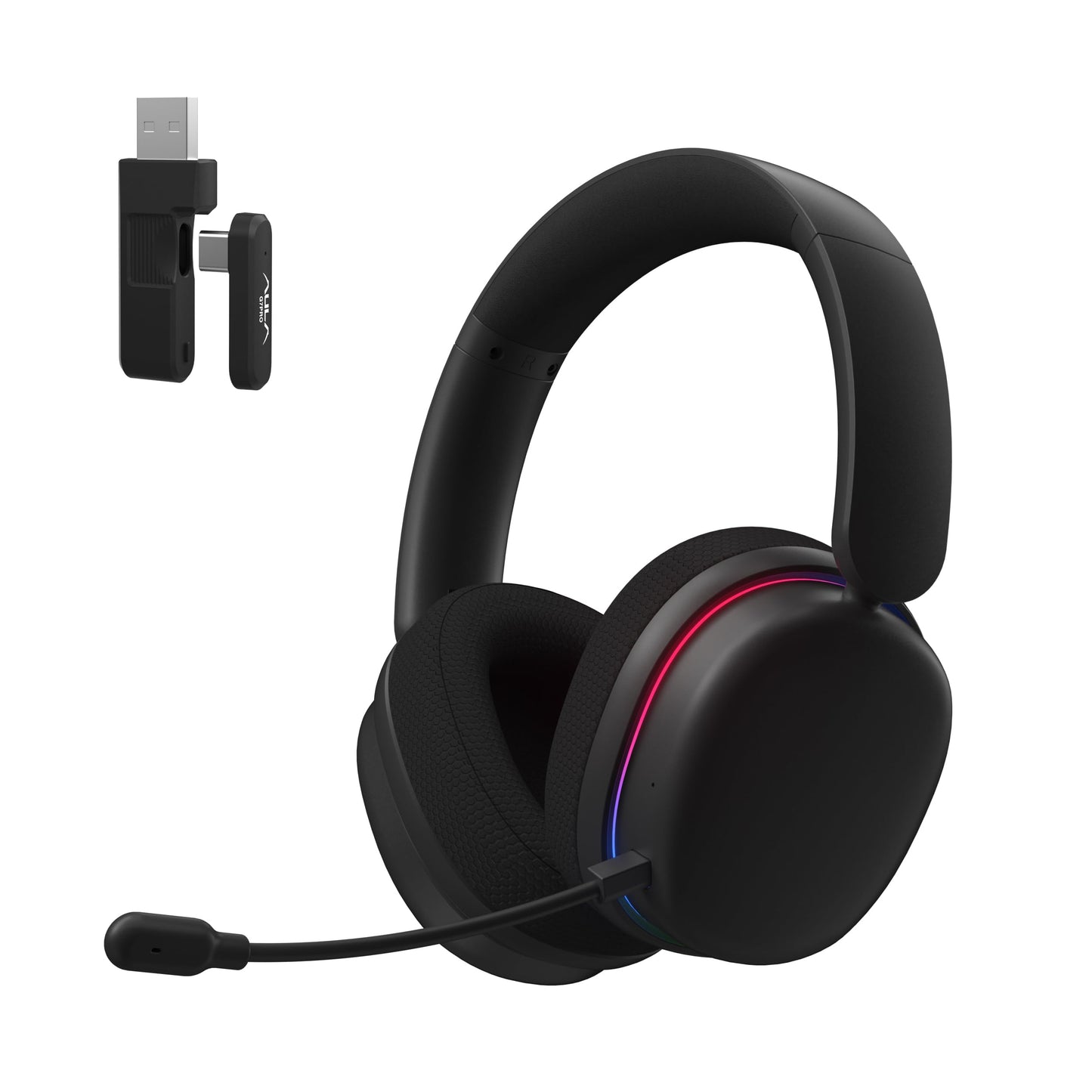 Bezvadu spēļu austiņas AULA G7 Pro ar mikrofonu, 2.4GHz/BT5.0/USB, 40mm draiveri, 7.1 Surround Sound, trokšņu slāpēšana, 80+ Std. akumulators, over-ear spēļu austiņas PC/spēļu konsolēm (melna)