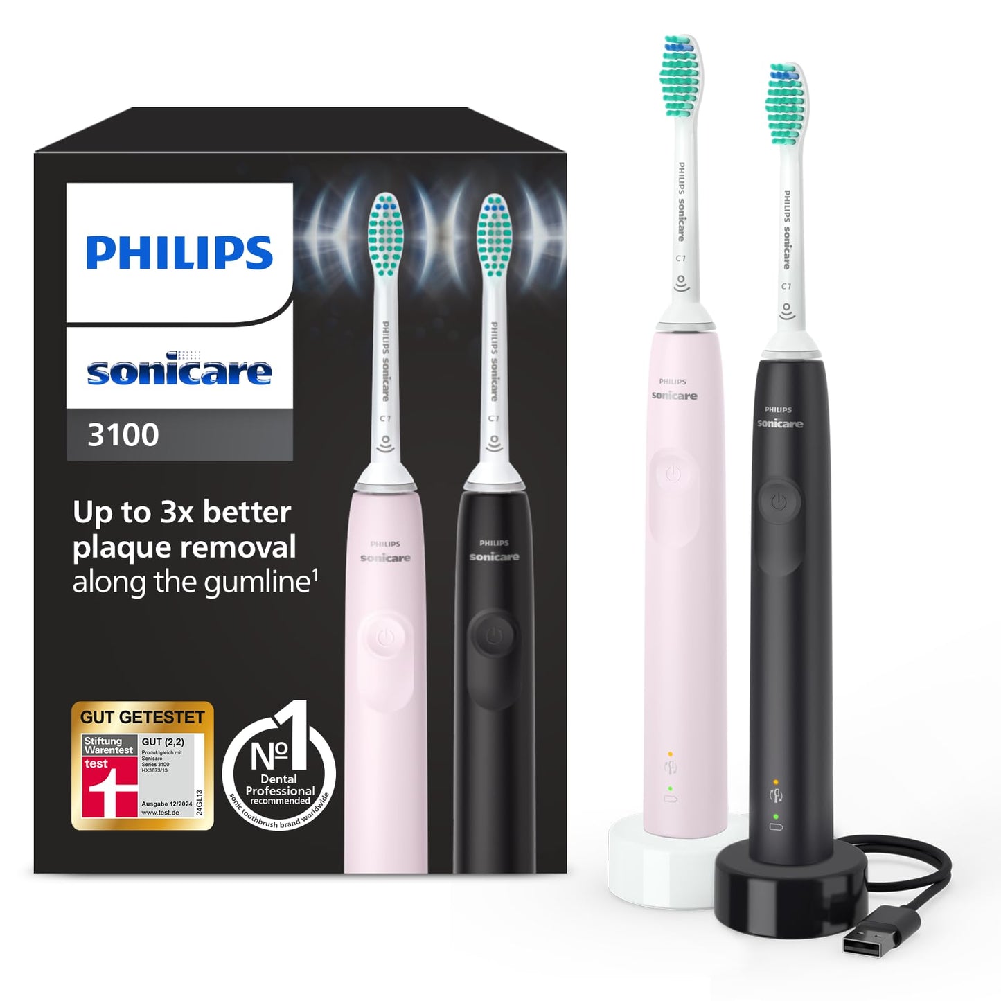 Philips Sonicare 3100 elektriskā zobu birste, ultraskaņas zobu birste, spiediena kontrole un taimeris, Sugar Rose un melns, divu komplekts, modelis HX3675/15