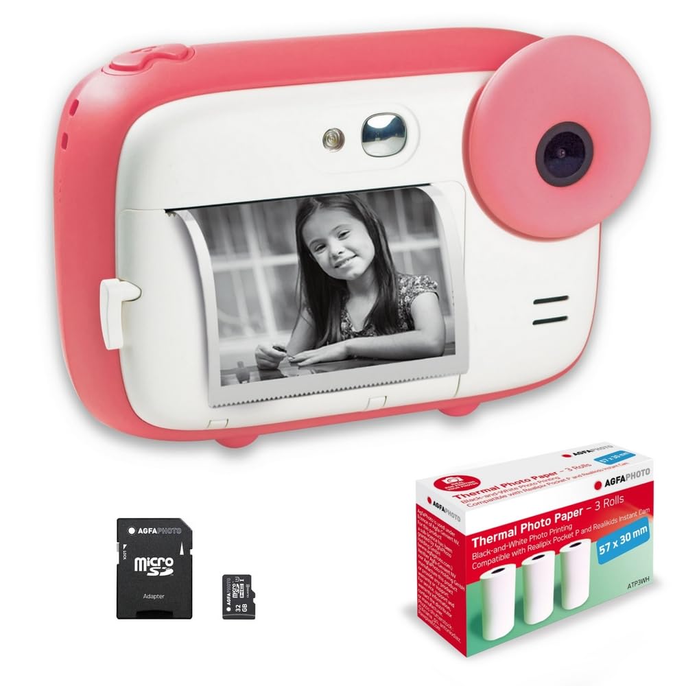 AGFA Photo Realikids Instant Cam - 2.4" LCD, selfie mirror, photo filters, includes 32GB micro-SD and 3 rolls of thermal paper, pink.