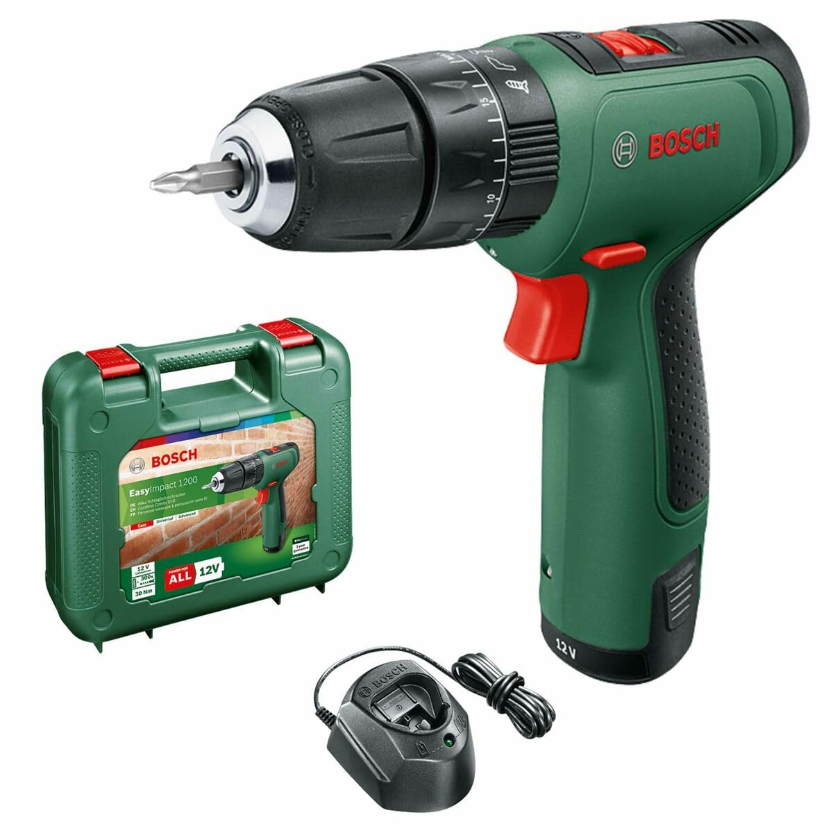Bosch EasyImpact 1200 - 12V cordless drill with 1 battery, compact case, ideal for versatile drilling tasks.