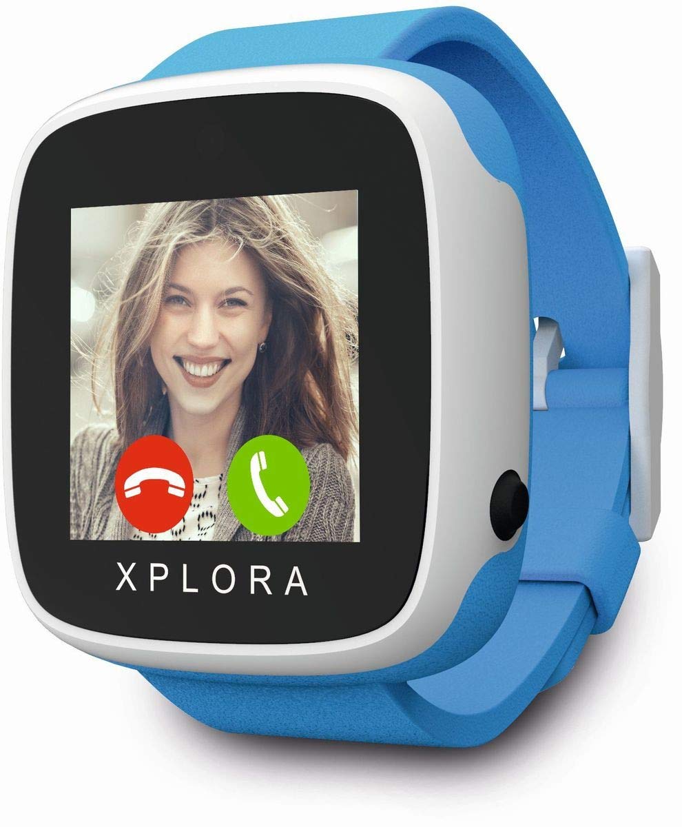 Telekom Xplora Go Kids - Zils-balts smartwatch with GPS, fitness tracking, and waterproof design for active children.