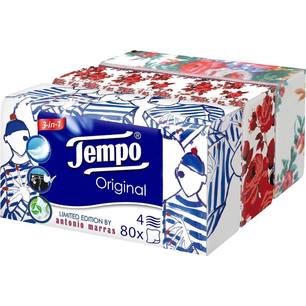 Kabatas lakati Tempo Taschentücher Box Original, 4 slāņi, 960 kabatas lakati 4 dažādos dizainos, 12 iepakojumi
