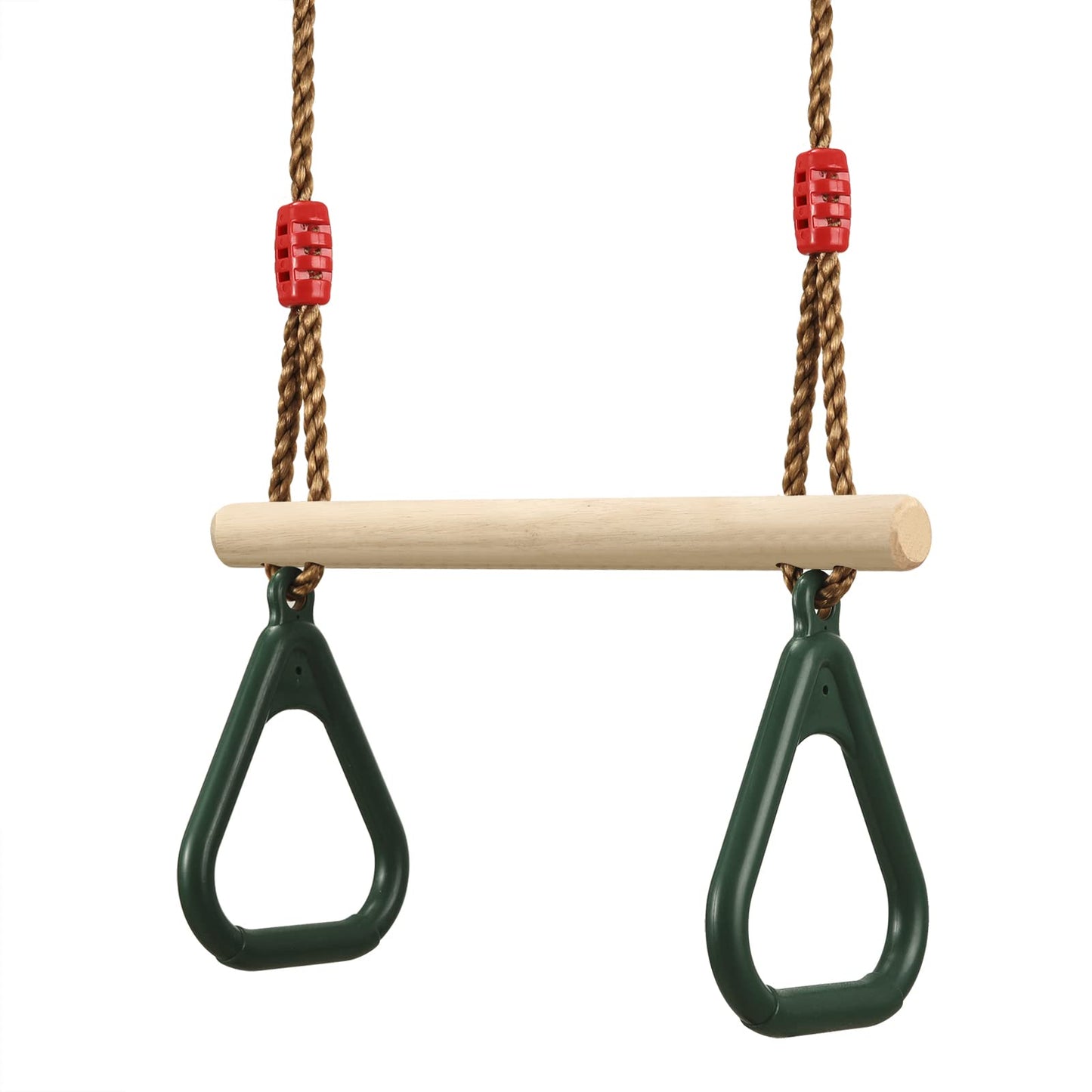 PELLOR daudzfunkcionālas bērnu koka trapeces šūpoles ar plastmasas vingrošanas riņķiem piekāršanai, kravnesība līdz 160KG, zaļas