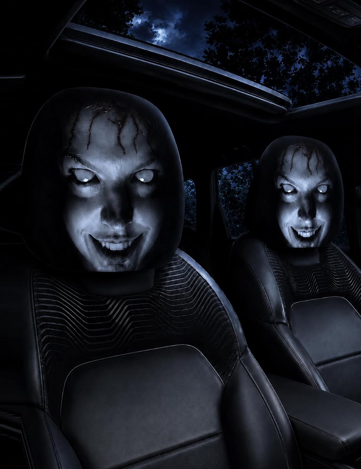 VIEWLEAF Ghost Face galvas balstu pārvalki, 2 gab., Helovīna auto sēdekļu pārvalki ar biedējošu sejas dizainu, elastīgi universāli galvas balstu aizsargi, mazgājami un elastīgi (#K)
