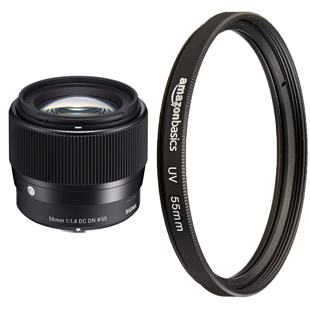 Sigma 351971 56mm F1,4 DC DN Contemporary objektīvs (55mm filtra vītne) Canon, EF-M objektīva bajonets & Amazon Basics UV bloķējošais filtrs - 55mm