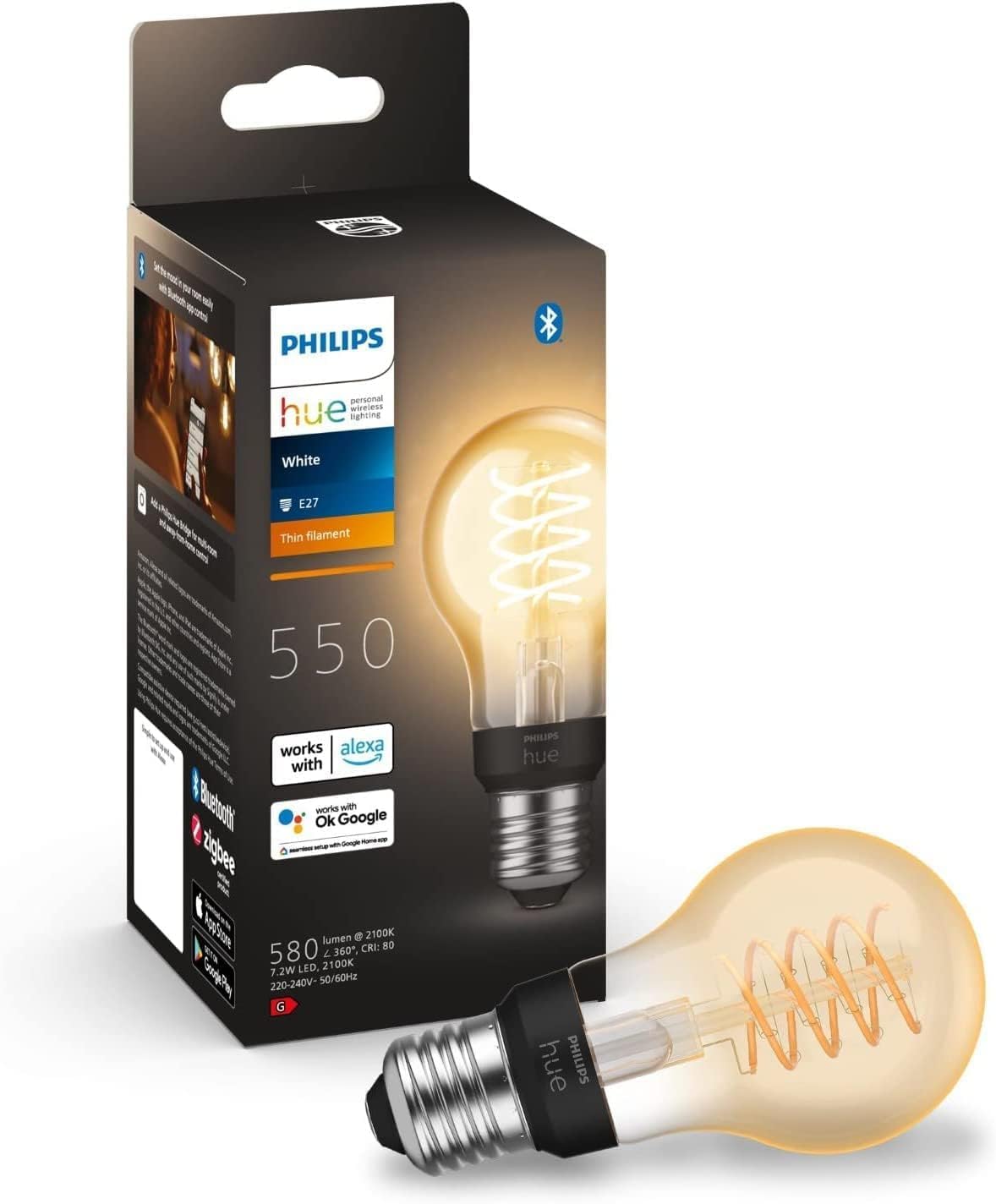 LED spuldze Philips Hue White E27 Filament, 550 lm, dimmējama, vieda siltās baltās gaismas lampa ar balss un lietotnes vadību, 1 gab.