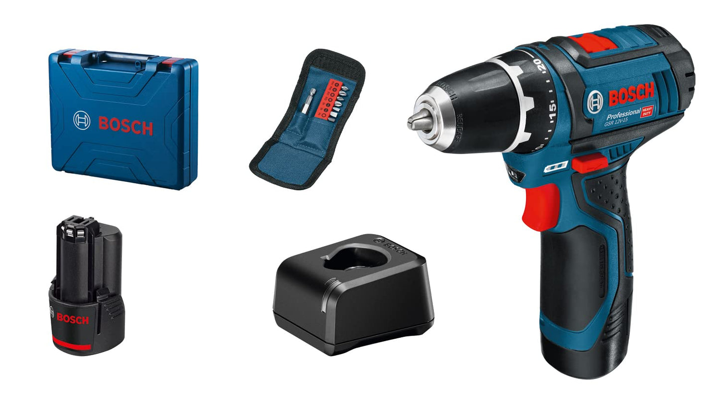 Bosch Professional 12V akumulatora urbjmašīna GSR 12V-15 - 2x 2.0Ah akumulators, lādētājs, 10 daļu piederumu komplekts, koferis