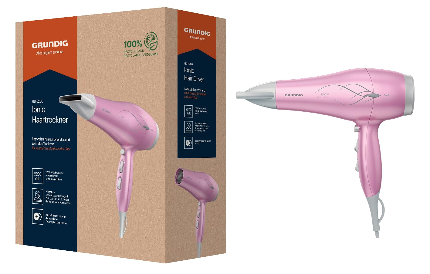 GRUNDIG HD 6280 matu fēns 2200 W, fēns, jonu funkcija, 3 temperatūras un 2 gaisa plūsmas līmeņi, aukstā līmeņa funkcija, keramikas pārklājums, ar rozā lotosa eļļu, 1,8 m kabelis, rozā/sudraba.