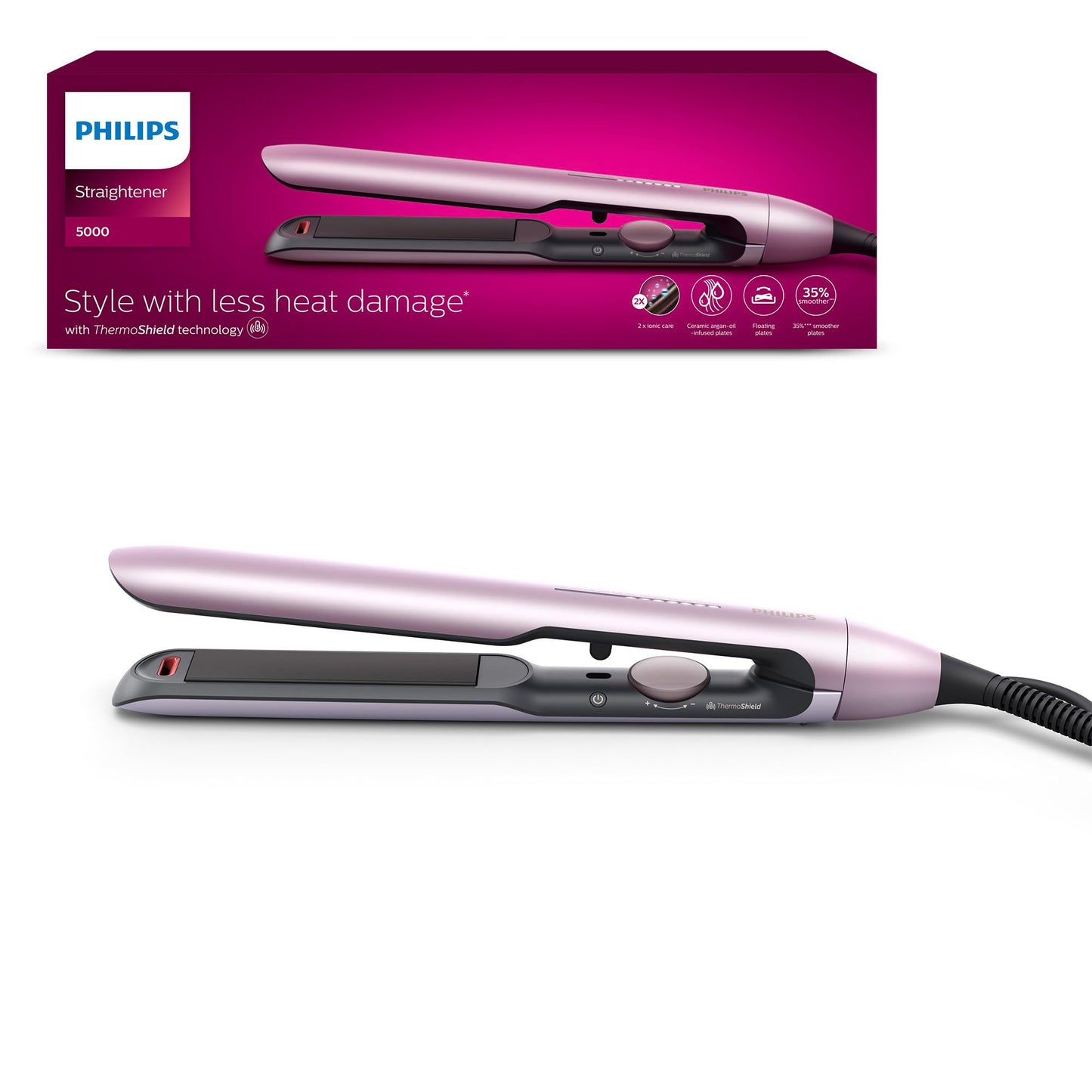 Philips matu izlīdzinātājs 5000 sērija, ThermoShield tehnoloģija, jonizācijas funkcija, keramikas plāksnes ar argāna eļļu, gaiši rozā, modelis BHS530/00