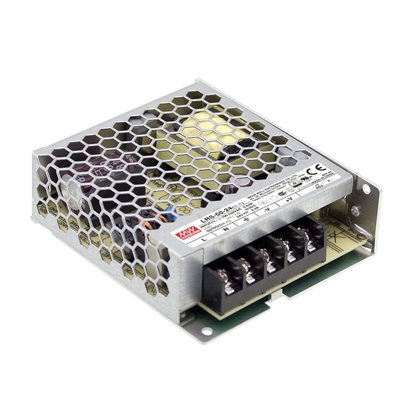 MeanWell LRS-50-24 - 50W LED power supply, 24V, 2A, compact design, efficient performance, ideal for lighting applications.