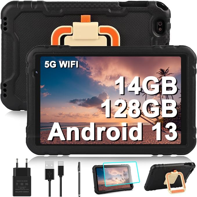 AOCWEI planšetdators 10 collas bērniem Android 13 14 GB RAM + 128 GB ROM (512 GB paplašināms)|Octa-Core|Full HD IPS|8000 mAh | 5MP+8MP |5G WIFI | EVA apvalks ar pilnīgu aizsardzību, melns