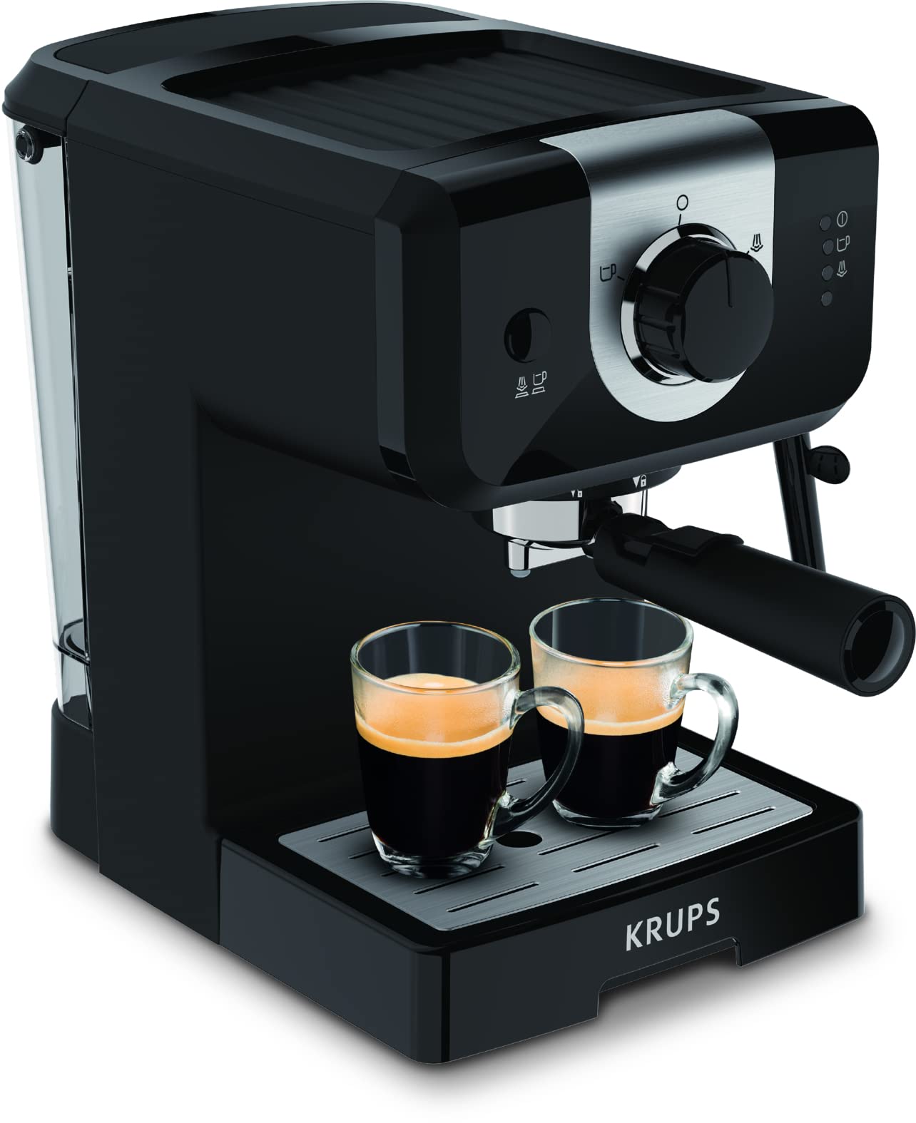 Krups Opio XP320810 - 15 bar pressure, cup warmer, milk frother, adjustable knob, black/silver design