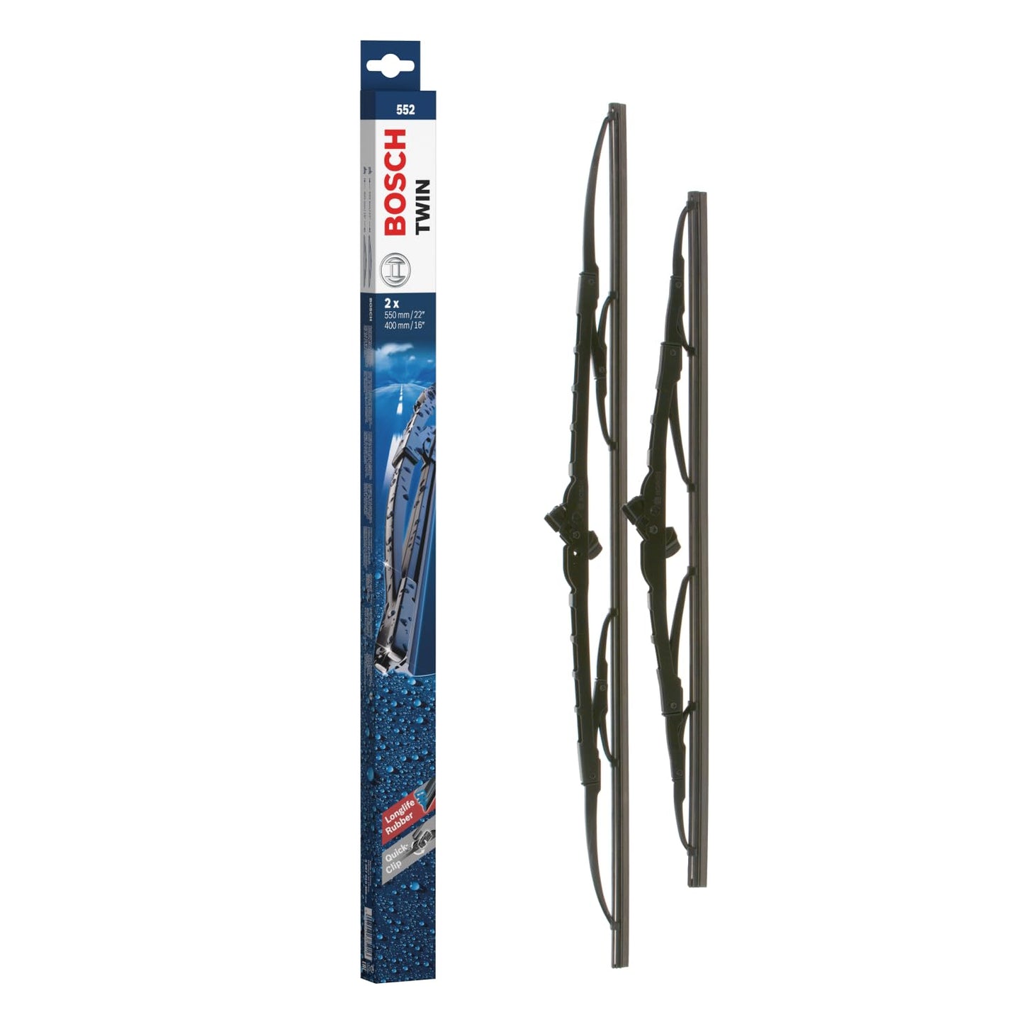 Vējstikla slotiņas Bosch Twin 552, komplekts ar 2 rezerves slotiņām, iepriekš uzstādīts Quick-Clip adapteris, 550 mm un 400 mm