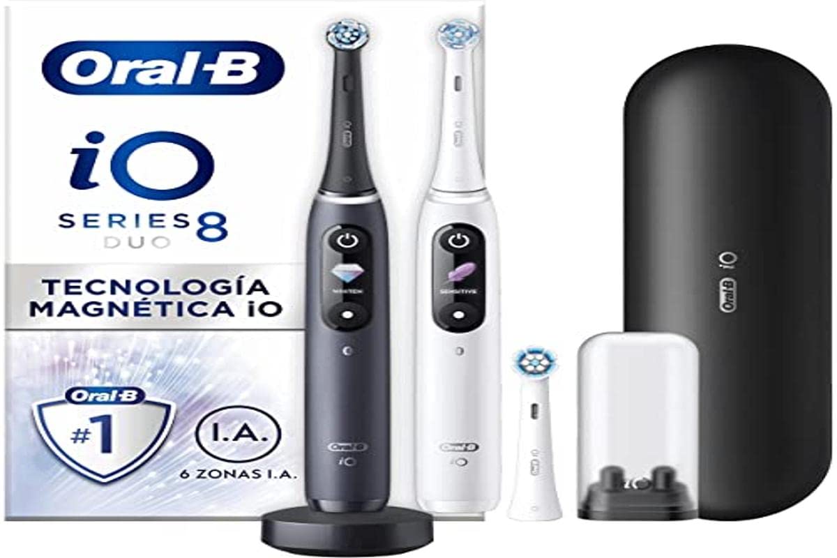 14. Oral-B iO 8 elektriskās zobu birstes, uzlādējamas, baltas un melnas rokturi ar Bluetooth, ar magnētisko tehnoloģiju, dāvana tēva dienā, 3 uzgaļi, 1 ceļojuma soma