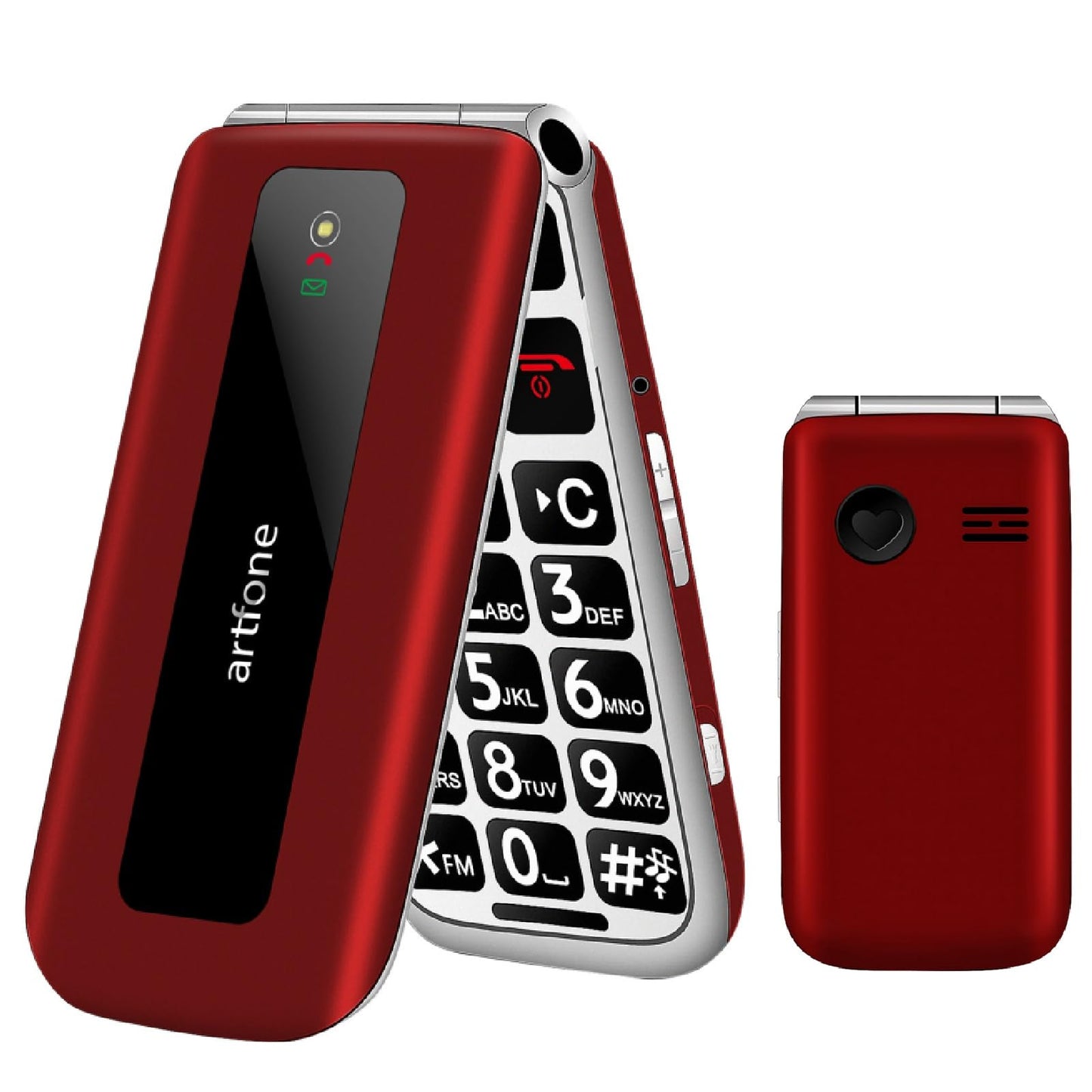Senioru tālrunis artfone F20 sarkans, salokāms telefons bez līguma, 2G GSM mobilais tālrunis senioriem, Dual SIM, lielas pogas, 2,4 collu krāsu displejs, SOS poga, FM radio, balss paziņojumi, ātrzvans, 1300mAh akumulators