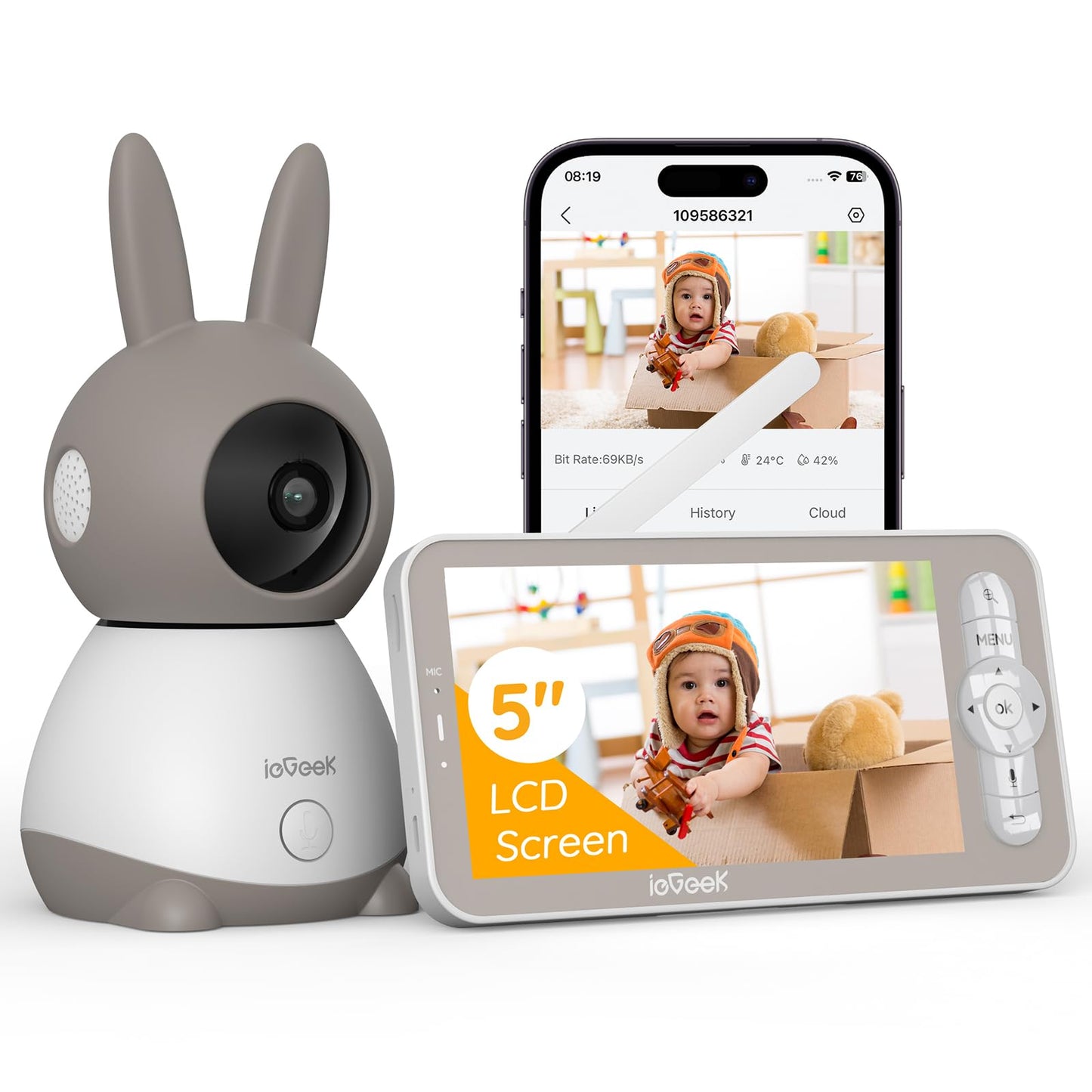 Mazuļu monitors ieGeek 2K ar 5" ekrānu, Wi-Fi PTZ kamera 360°, nakts redzējums, lietotne, kustību noteikšana
