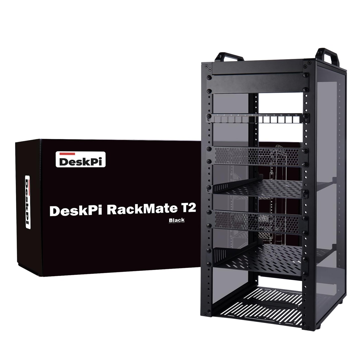 10 collu servera skapis GeeekPi DeskPi RackMate T2, 12U, 260 mm dziļš mini-rāmis ar plauktu, aklo paneli un patch paneli NAS, AV un tīkla tehnikai (melns)