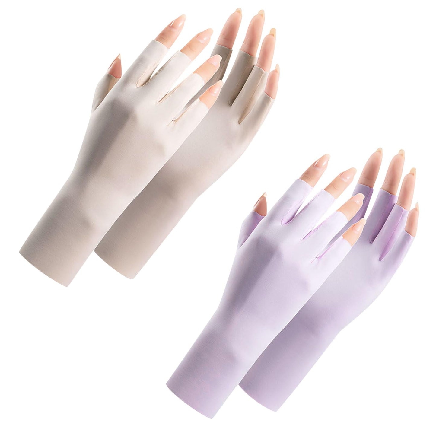 Cimdi sievietēm UV aizsardzībai Feelorna, 2 pāri, vasaras bezpirkstu velo cimdi ar skārienjūtīgiem pirkstiem, elpojoši, zīda efekts, beige, lila, vienas izmērs