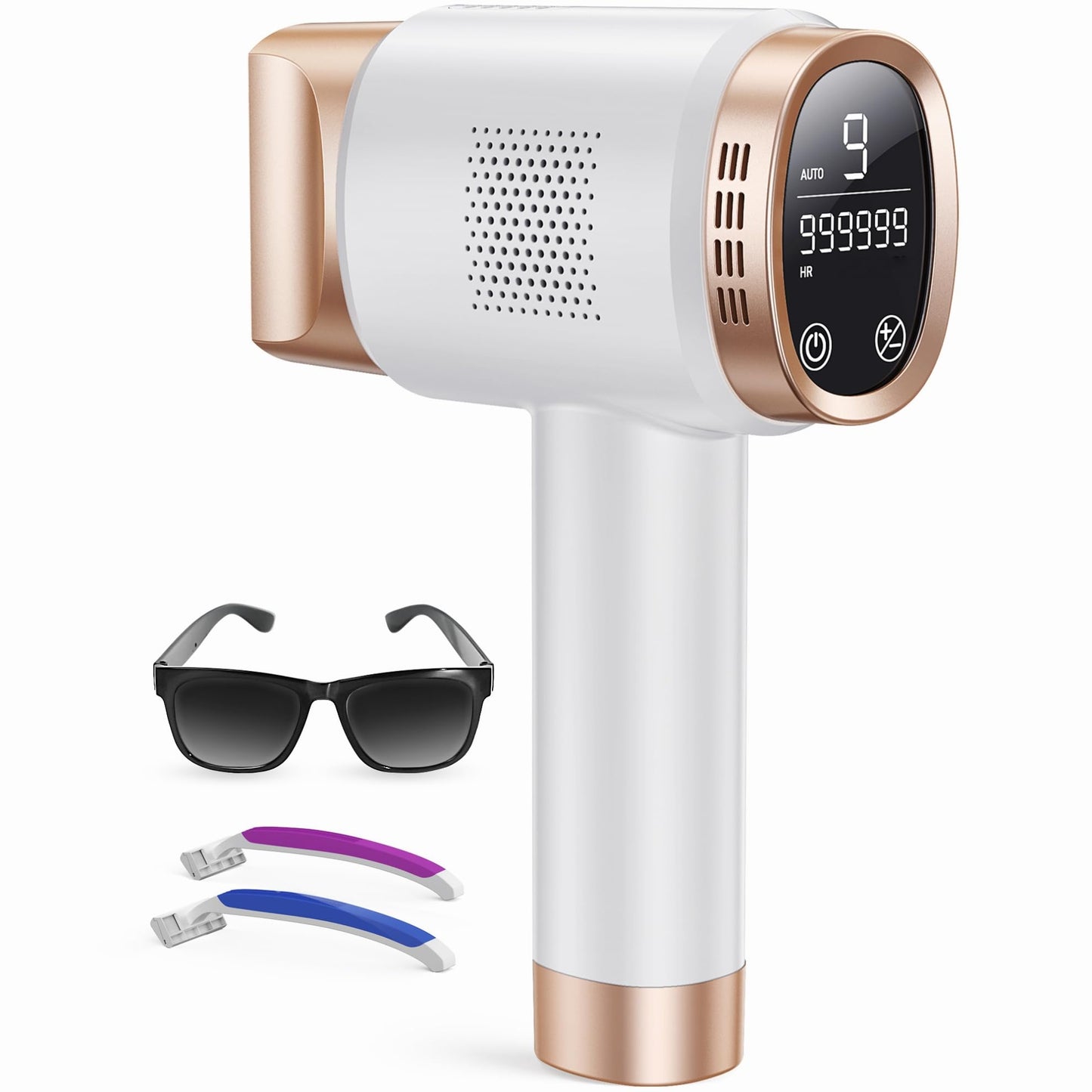IPL epilators ar 9 enerģijas līmeņiem, 2 zibspuldzes režīmiem un 999,900 gaismas impulsiem – ķermenim, rokām, kājām un bikini zonai sievietēm un vīriešiem