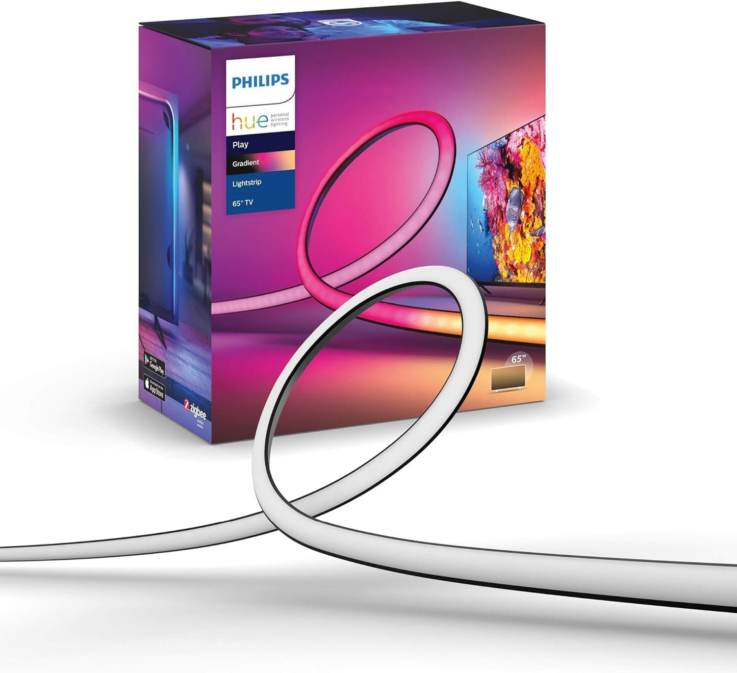Philips Hue White & Color Ambiance Gradient Lightstrip (65 Zoll), dimmējama LED lente televizoram ar 16 milj. krāsu un krāsu pārejām, viedā mājas kinozāles TV fona apgaismojuma, melna
