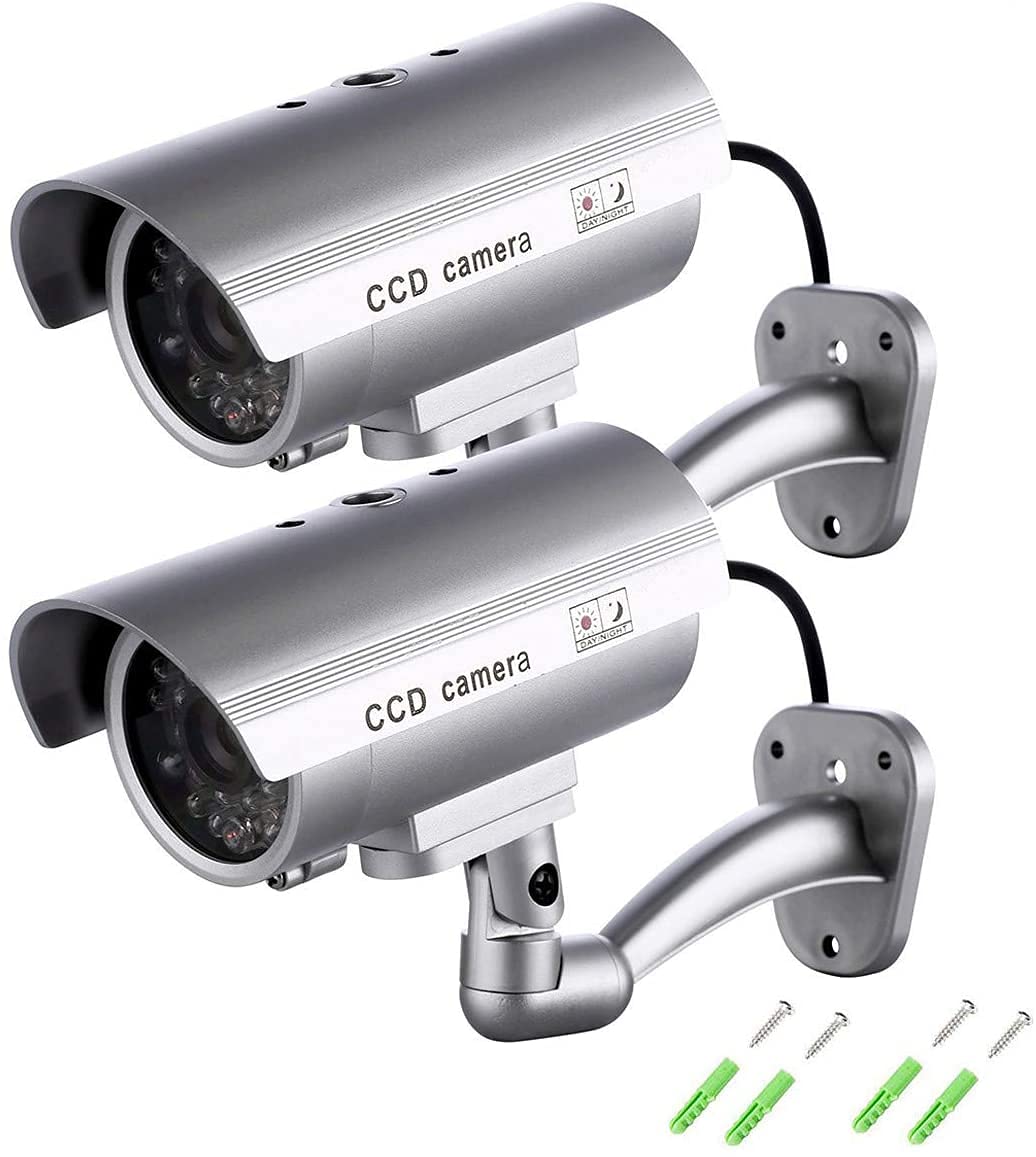 Maxesla viltota uzraudzības kamera ar apgaismotām LED gaismām, 2 gab., Bullet Dummy viltota uzraudzības kamera, CCTV viltojums, reālistisks izskats, uzraudzības sistēma iekštelpām/āra, ūdensizturīga +