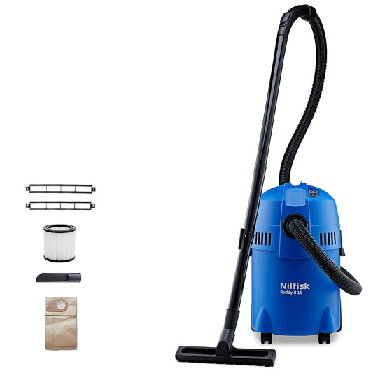Nilfisk Buddy II 18L - 1200W wet and dry vacuum cleaner for home, garden, and car use, suitable for indoor and outdoor cleaning.