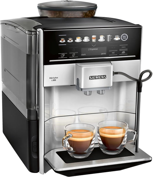 SIEMENS EQ.6 plus s300 - automātiska kafijas mašīna, piena putošanas uzgalis, keramikas dzirnaviņas, 1500 W, sudraba