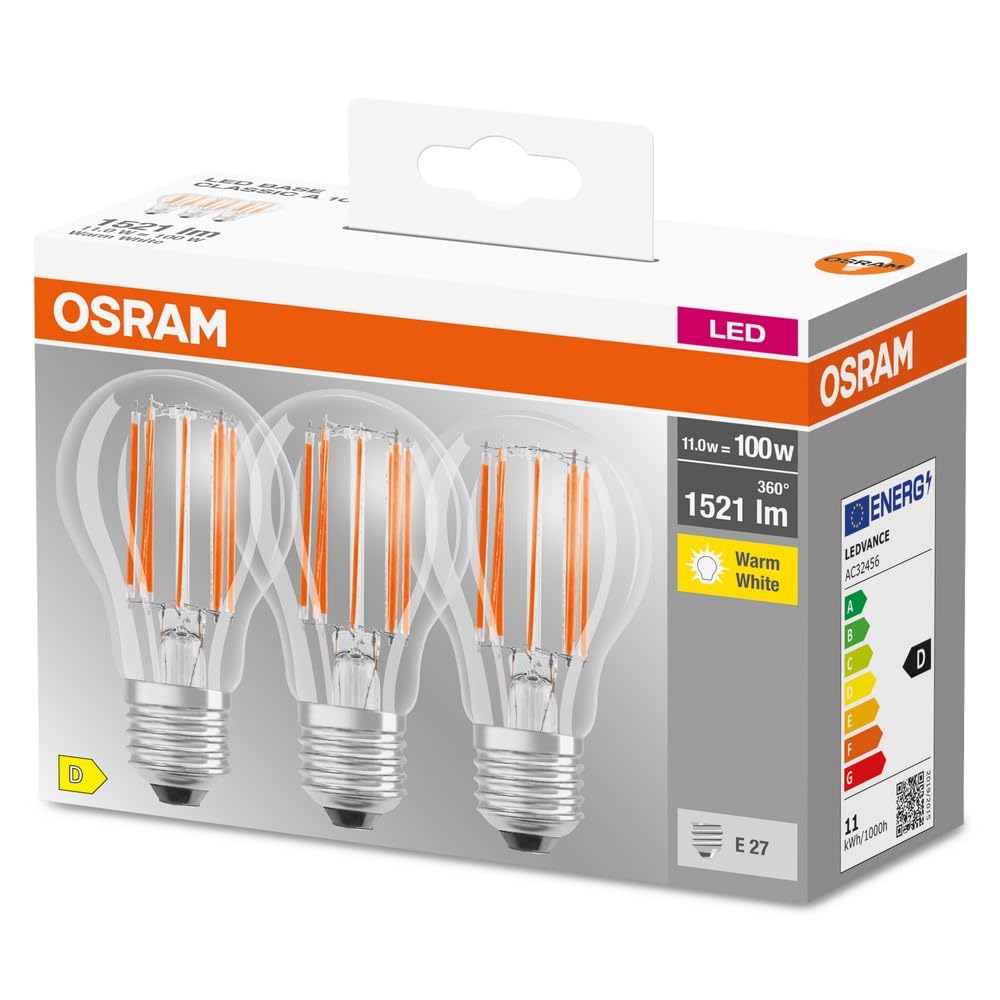 Osram LED spuldzes, E27, silti balta gaisma, 2700 K, 11 W, 100-W kvēlspuldzes aizvietotājs, caurspīdīgas, LED BASE CLASSIC A, 3 gab.