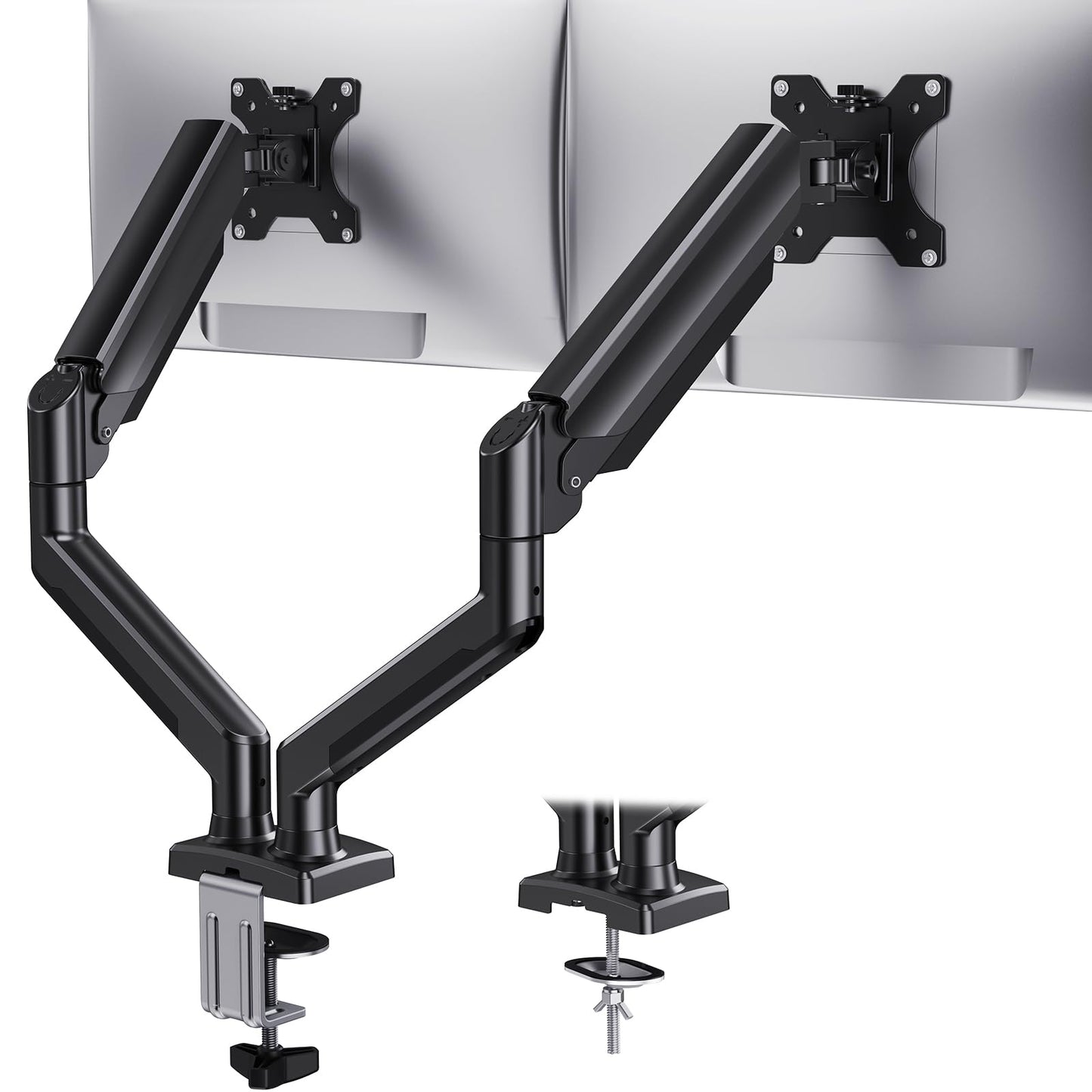 HUANUO divu monitoru turētājs, stabils un ergonomisks dubultais monitora roks līdz 32 Zoll, regulējams augstumā, noliecams un grozāms, VESA 75/100, līdz 10 kg uz roku