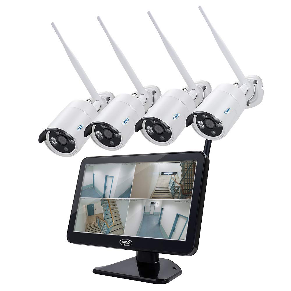 PNI House WiFi650 - 4 Full HD Wi-Fi P2P cameras and 12-inch LCD monitor for home surveillance.
