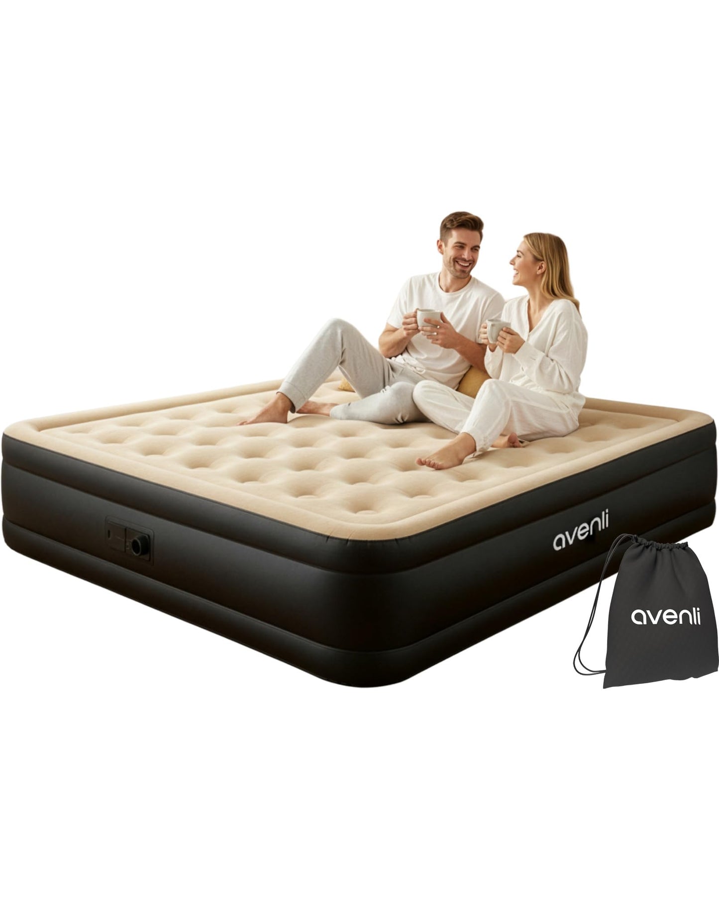 Pašpiepūšamais gaisa matracis AVENLI 2 personām 203x157x47 cm, Queen-Size piepūšamā gulta ar iebūvētu elektrisko pumpi, dubultais matracis līdz 300 kg, kempinga viesu gulta, bēša