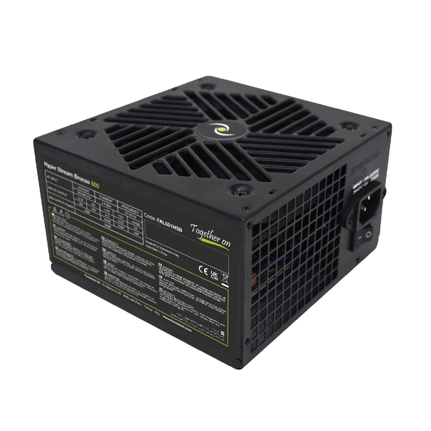 Tecnoware Power Systems - 500W Bronze ATX power supply, quiet 12cm fan, PCI-E, CPU 4+4, SATA, Molex, optimized cable management.