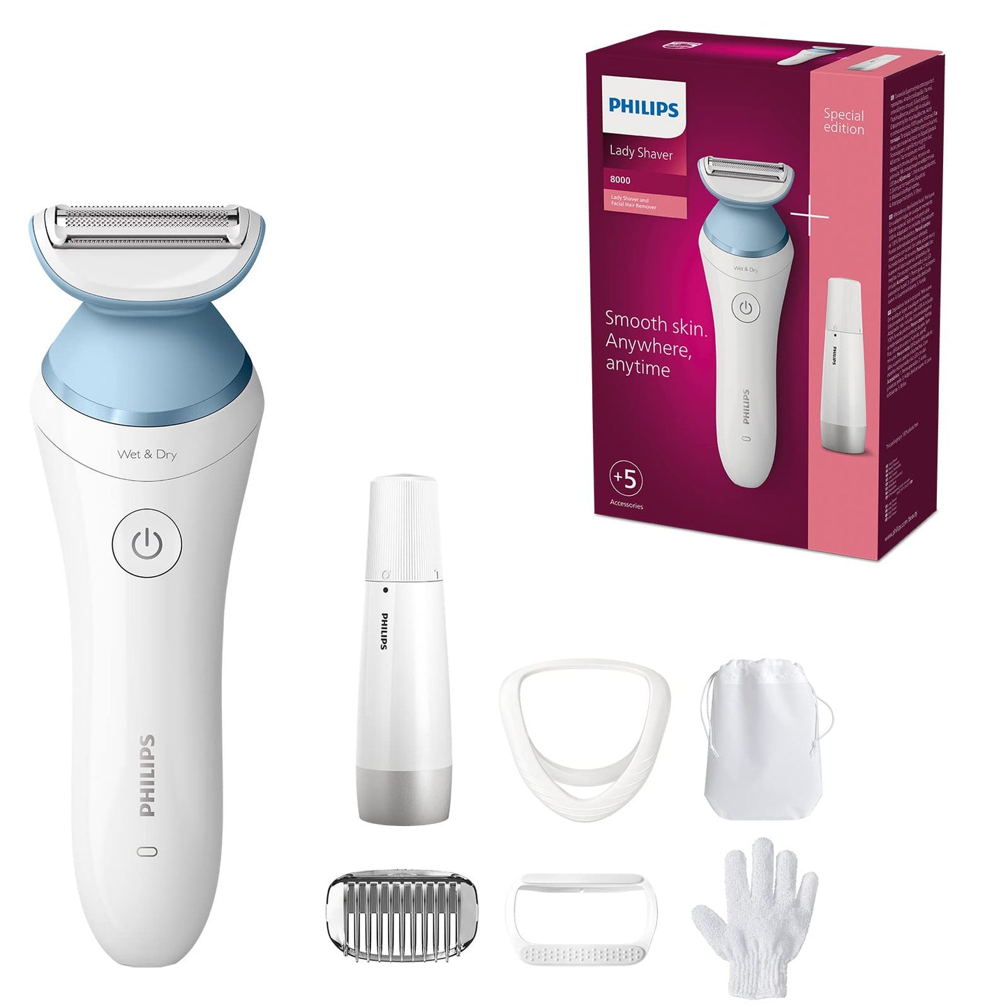 Philips Lady Shaver Series 8000 – Bezvadu mitrā un sausā skuvekļa komplekts ar 5 piederumiem un sejas apmatojuma noņemšanas ierīci (modelis BRL166/91)