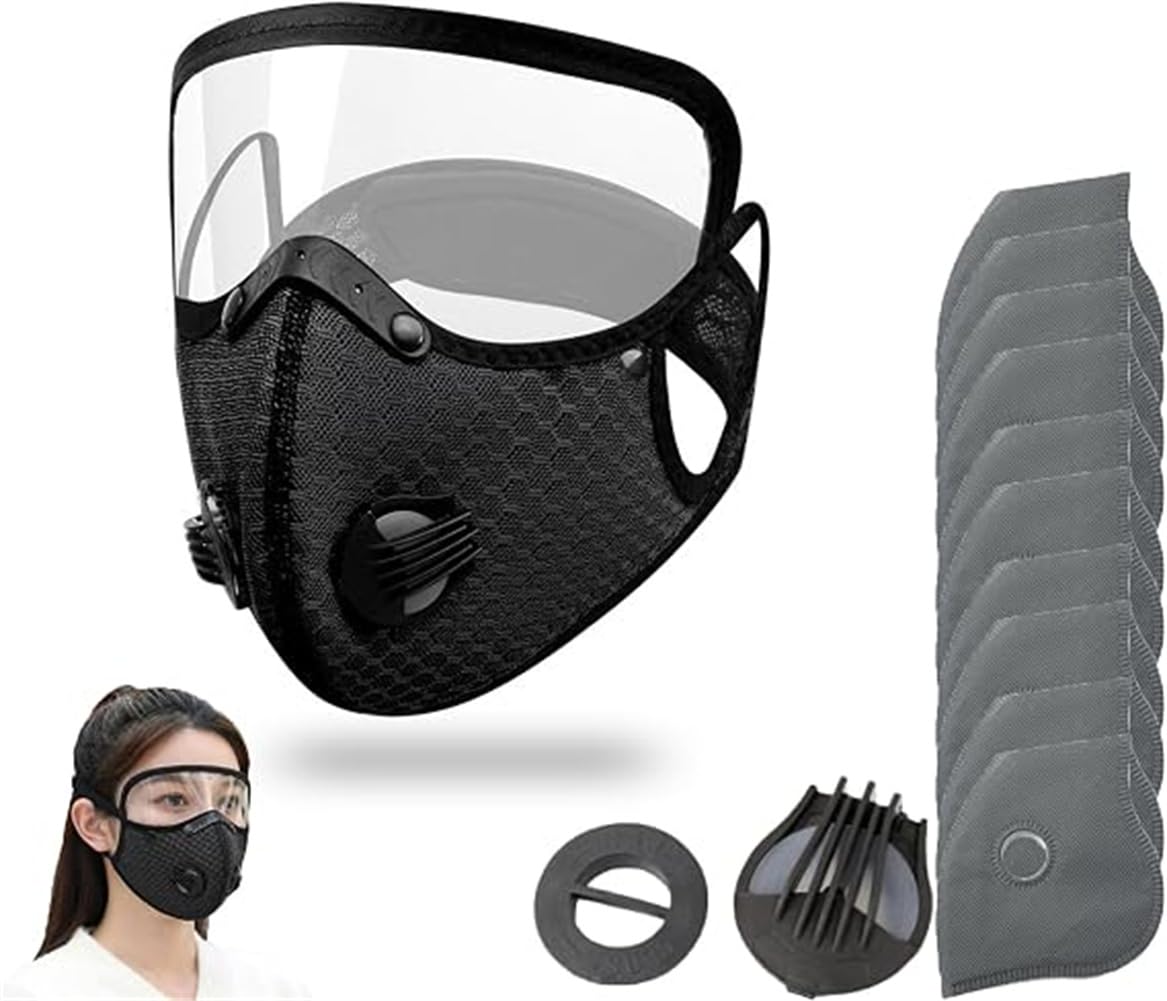 Atkārtoti lietojama oglekļa filtra putekļu maska ar regulējamām aizsargbrillēm, aktivētās ogles sejas maska, pusmaska ar 10 filtriem, 5 slāņu filtrs darbam ar koku un pļaušanas putekļiem (melna)