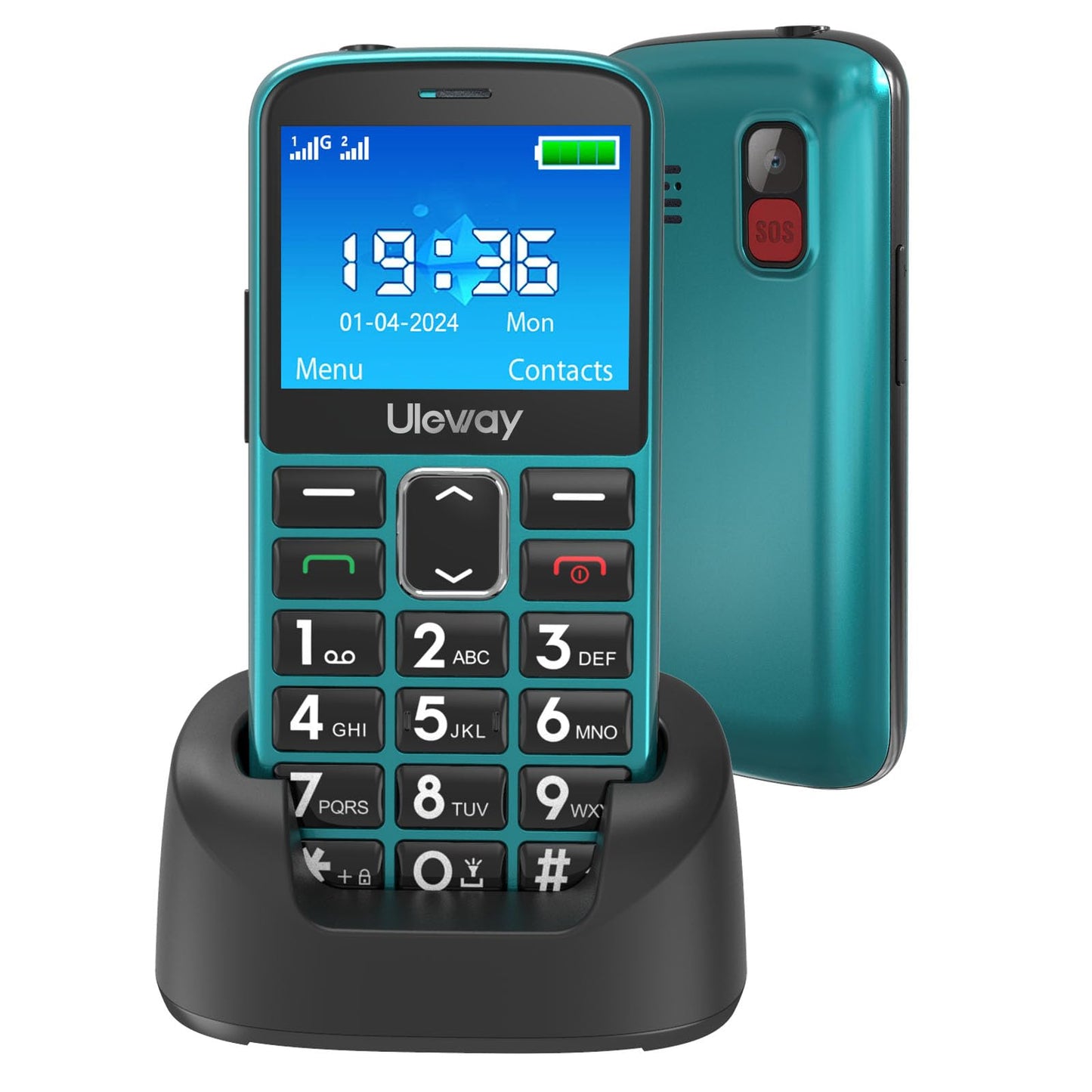 Senioru mobilais tālrunis CHAKEYAKE ar lielām pogām, bez līguma, 2,4 Zoll LCD, saderīgs ar dzirdes aparātiem, SOS funkcija, Dual SIM, uzlādes doks, lukturītis - zaļš