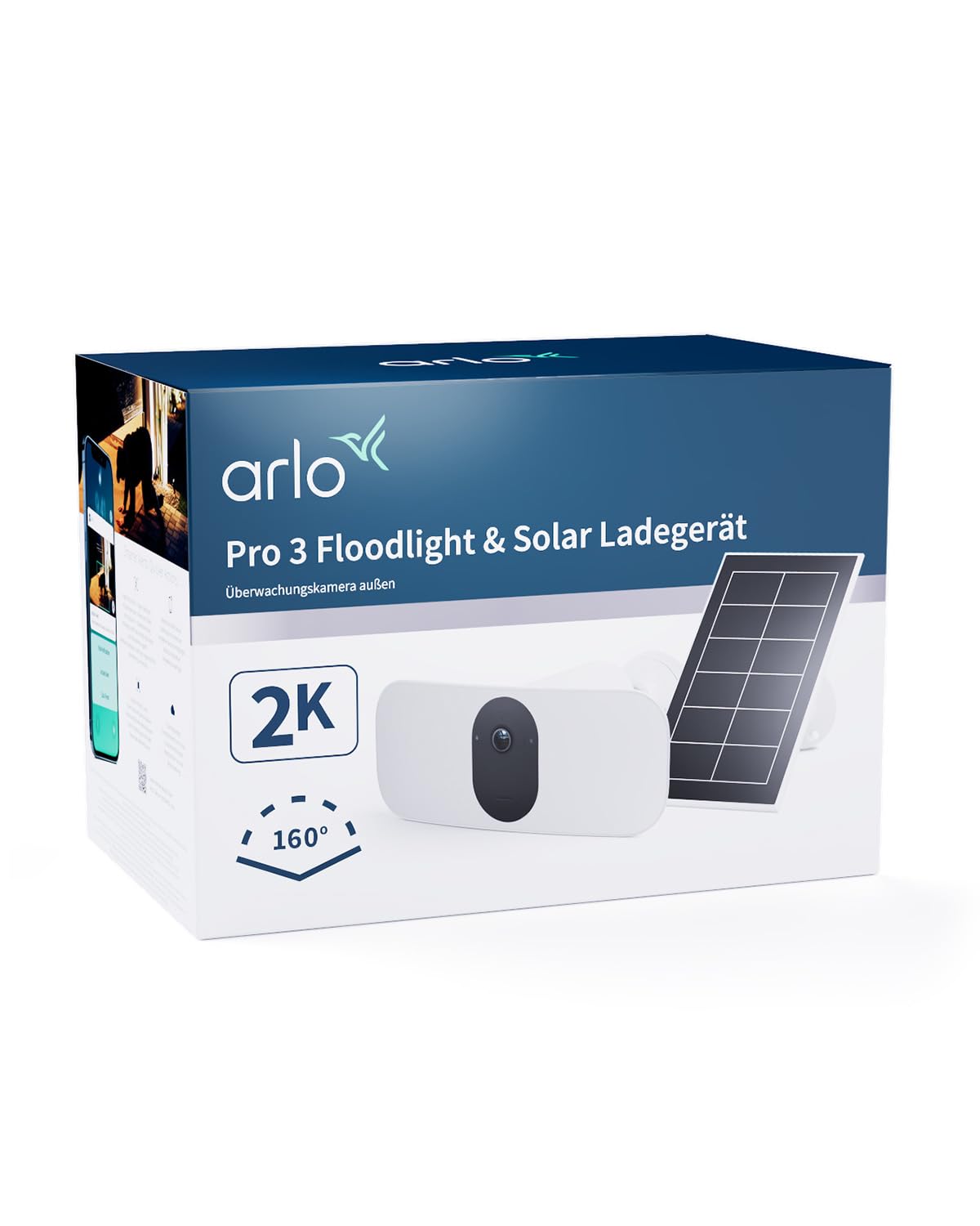 Arlo Floodlight uzraudzības kamera + saules paneļi, WLAN, bezvadu, 2K HDR, 160° ultra-platleņķa, kustību sensors, krāsu nakts redzamība, LED prožektors, divvirzienu audio, sirēna + ar Arlo Secure izmēģinājuma periods