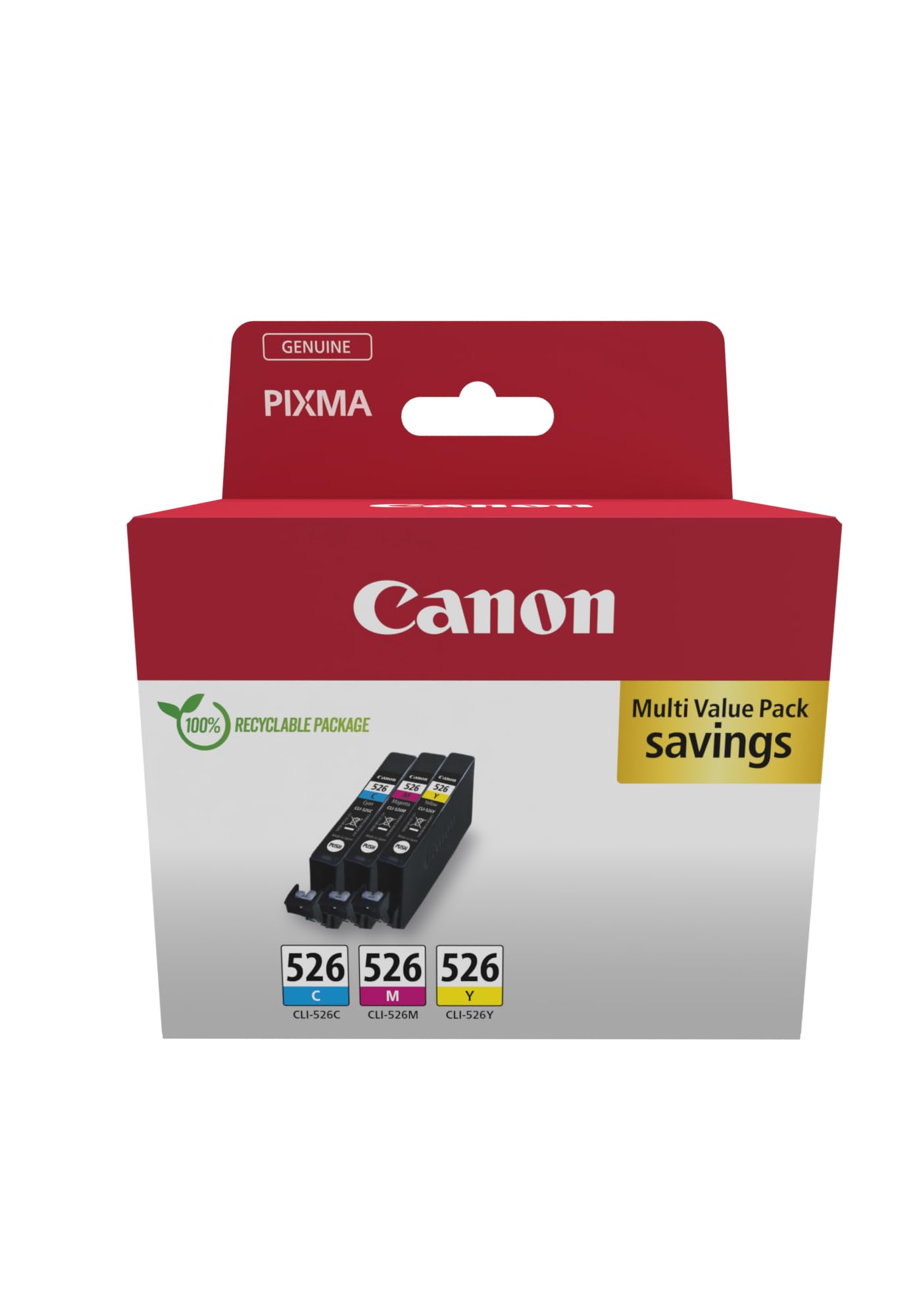 Canon CLI-526 C M Y tintes kasetnes - oriģināls, videi draudzīgs, pārstrādājams iepakojums, zādzību novēršanas etiķete.