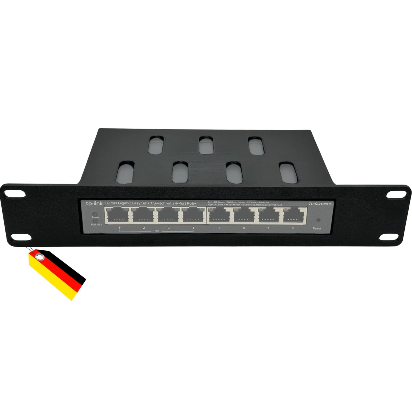 10 collu plaukta montāžas rāmis Netgear GS308EP un TP-Link TL-SG108PE, 8 portu PoE slēdža turētājs, 10" tīkla skapis, Made in Germany stiprinājums