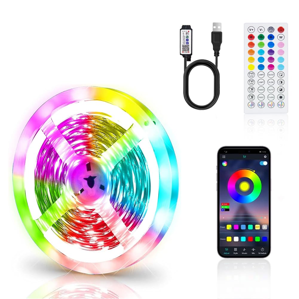 LED lente 1 m, RGB LED lente pašlīmējoša, krāsu maiņas LED lenta ar 44 taustiņu tālvadības pulti un viedo lietotni, TV fona apgaismojums televizoram, ballītēm, Ziemassvētkiem