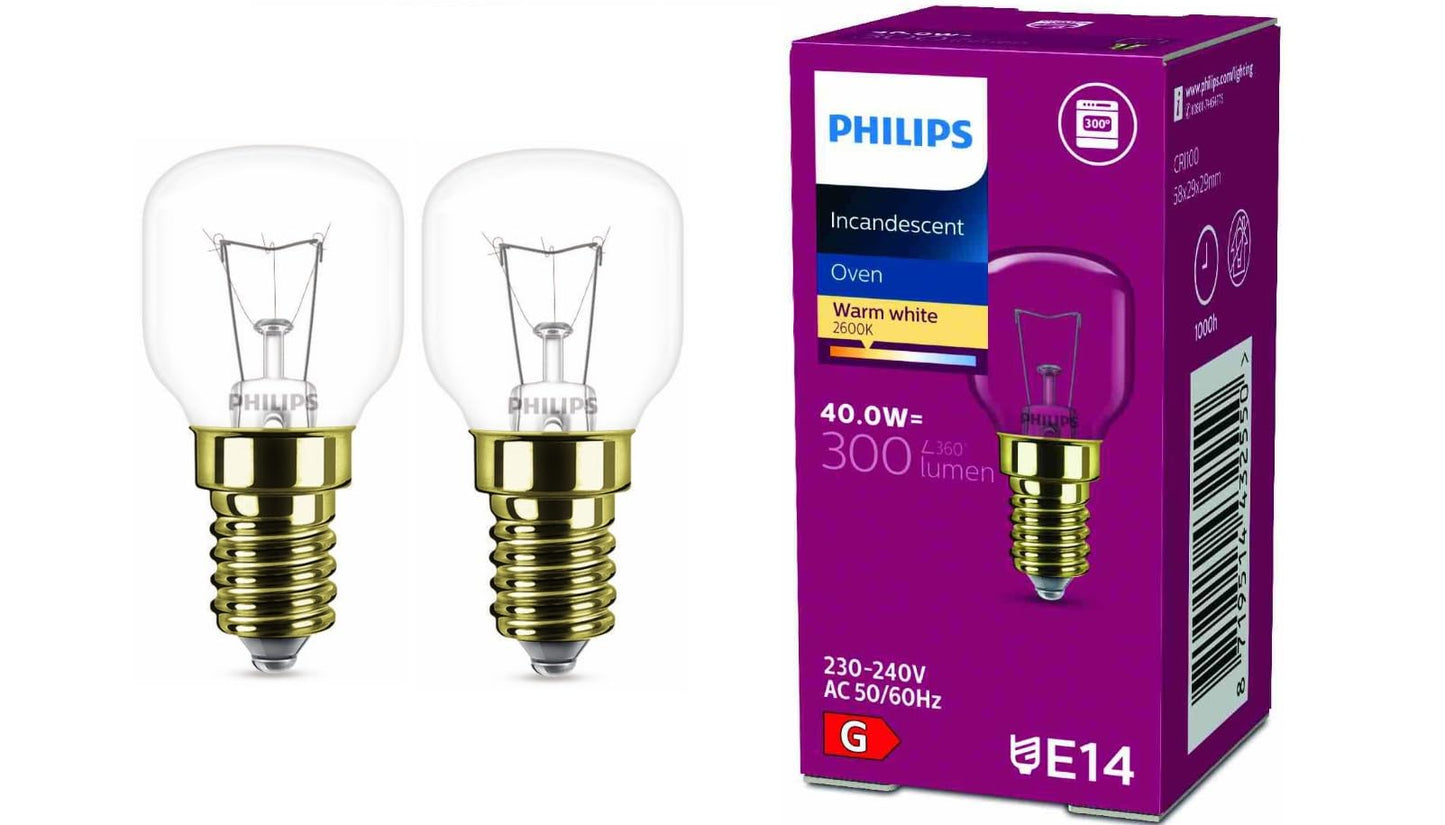 2x Philips cepeškrāsns lampa E14 40W piliena forma 29mm diametrs, karstumizturīga līdz 300°C (2 gab.)