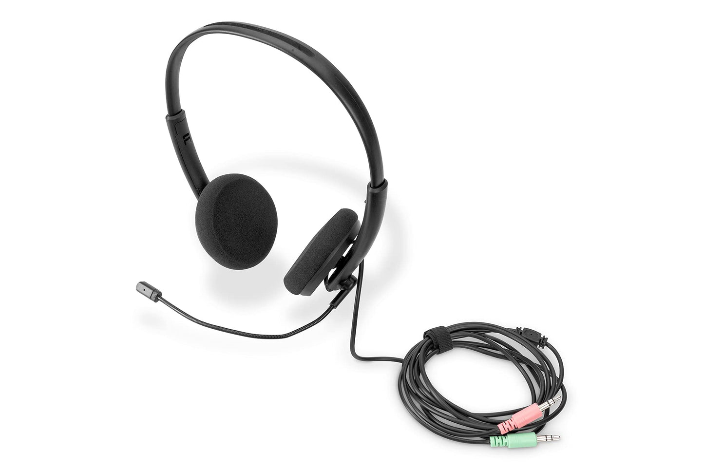 DIGITUS Stereo austiņas - uz auss, trokšņu samazināšana, 1,95 m kabelis, vadības bloks, 2x3,5 mm stereo ligzdas