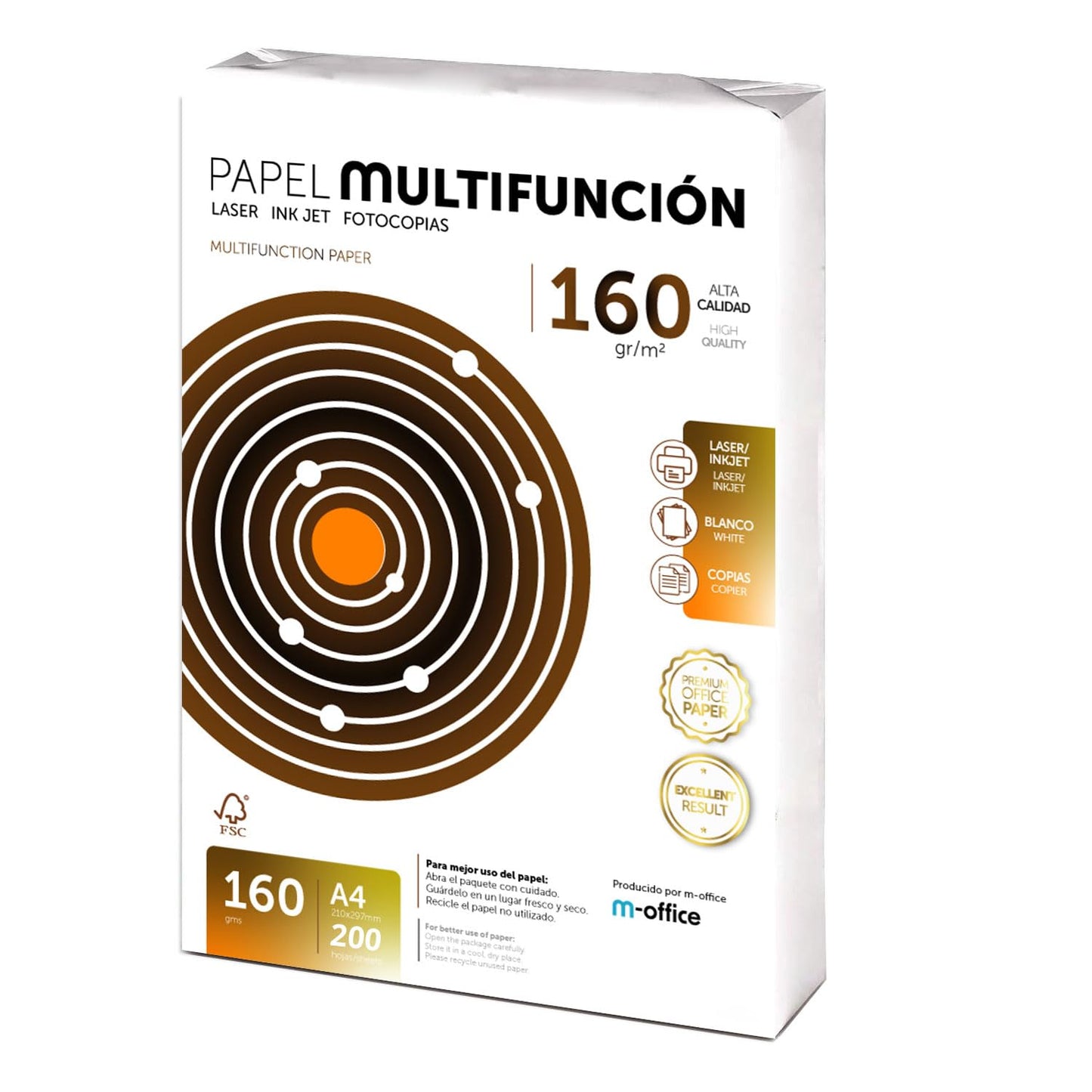 m-office A4 160gr Paper - 200 sheets, multifunctional for laser and inkjet printers, copiers, faxes, office and school use.