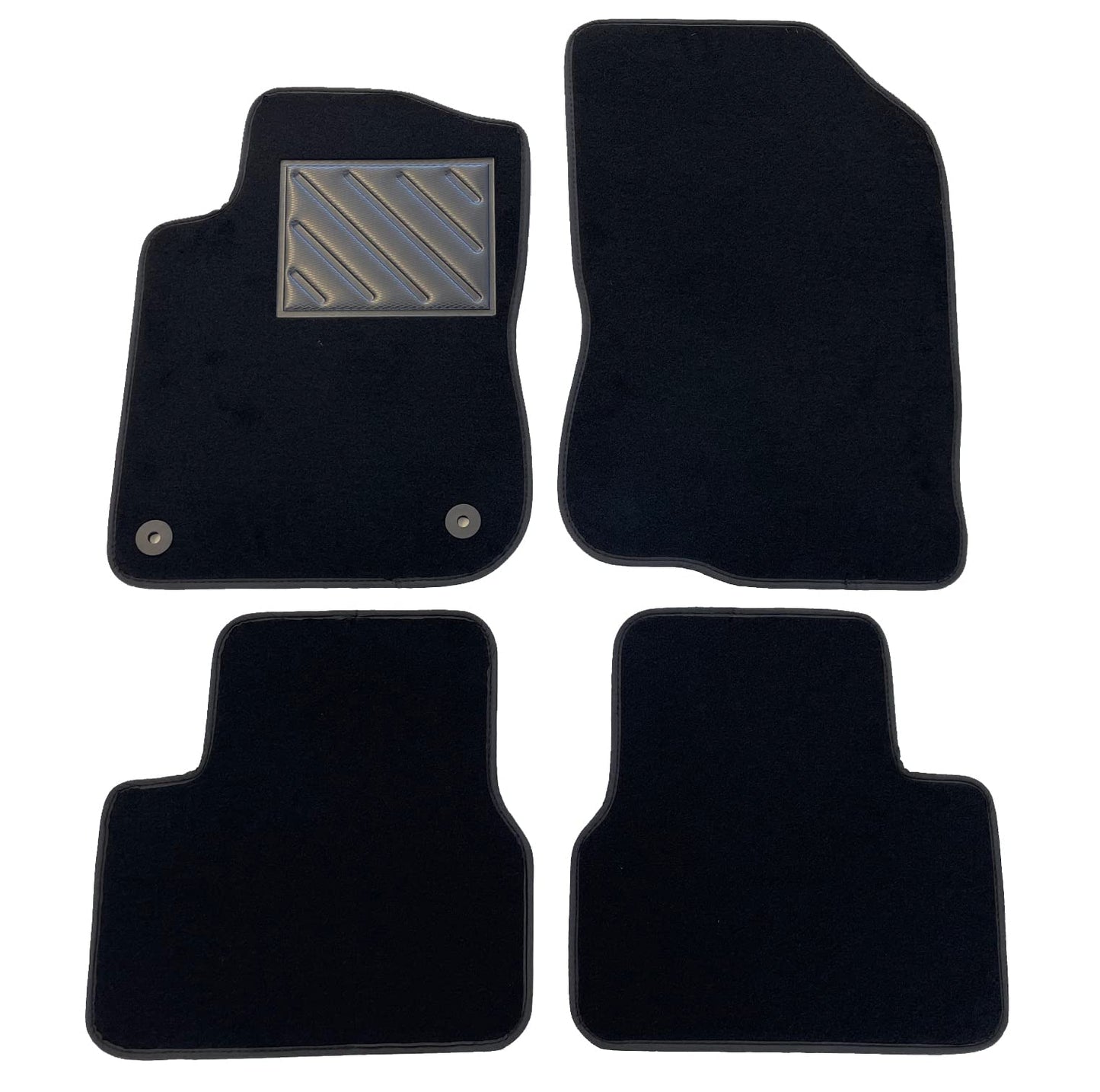 Paklājiņi Peugeot 208 no 2012. līdz 2019. gadam, precīzi pielāgoti, neslīdoši, papēža aizsargi no pastiprināta gumijas, stiprinājuma pogas, melni