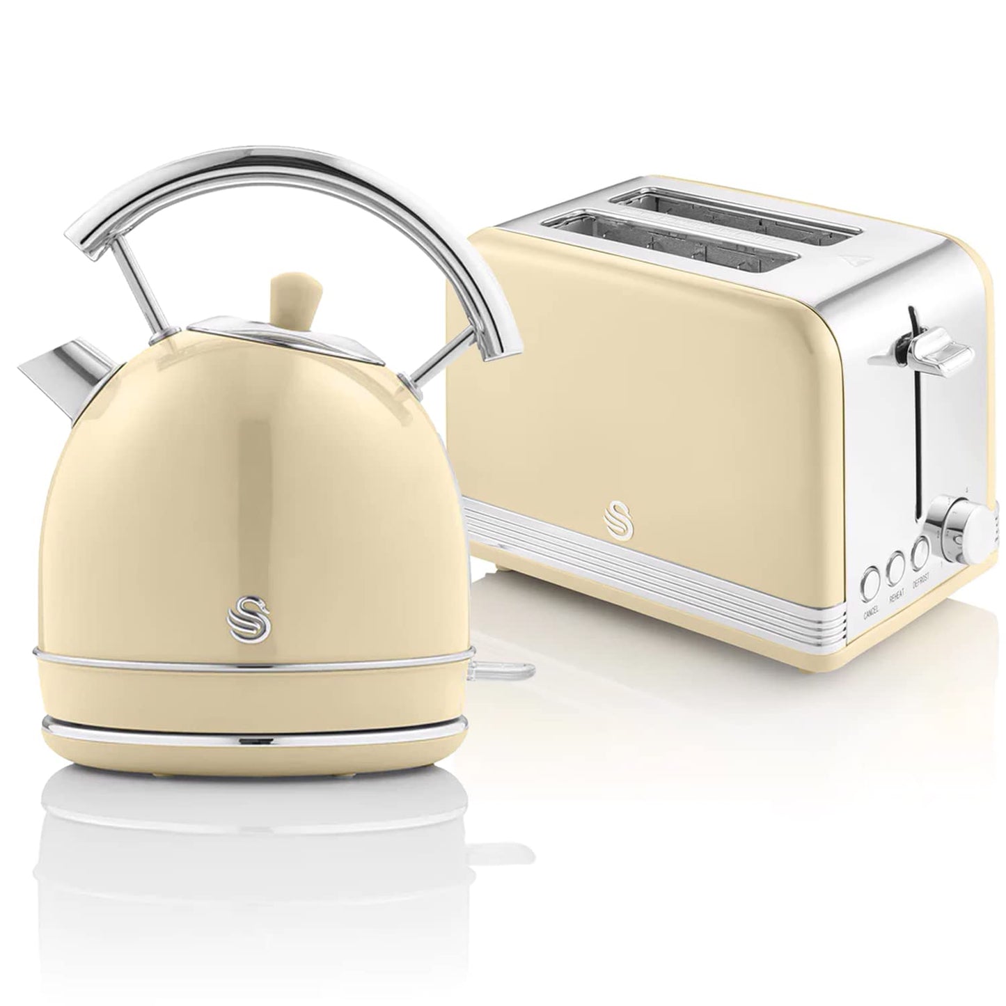 Swan Retro brokastu komplekts: 1,8L bezvadu tējkanna un plats tosteris 2 šķēlēm, krēmkrāsā