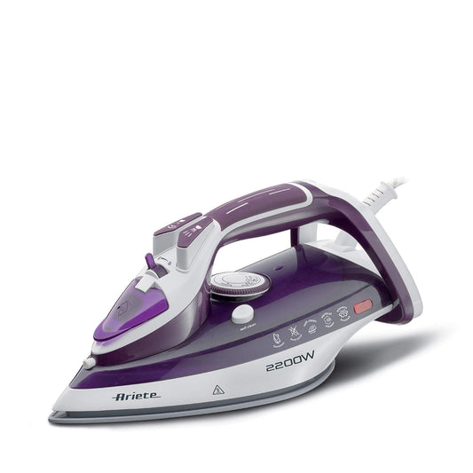 Ariete 00S624300AR0 6243 steam iron - ceramic soleplate, plastic body, white/purple design.