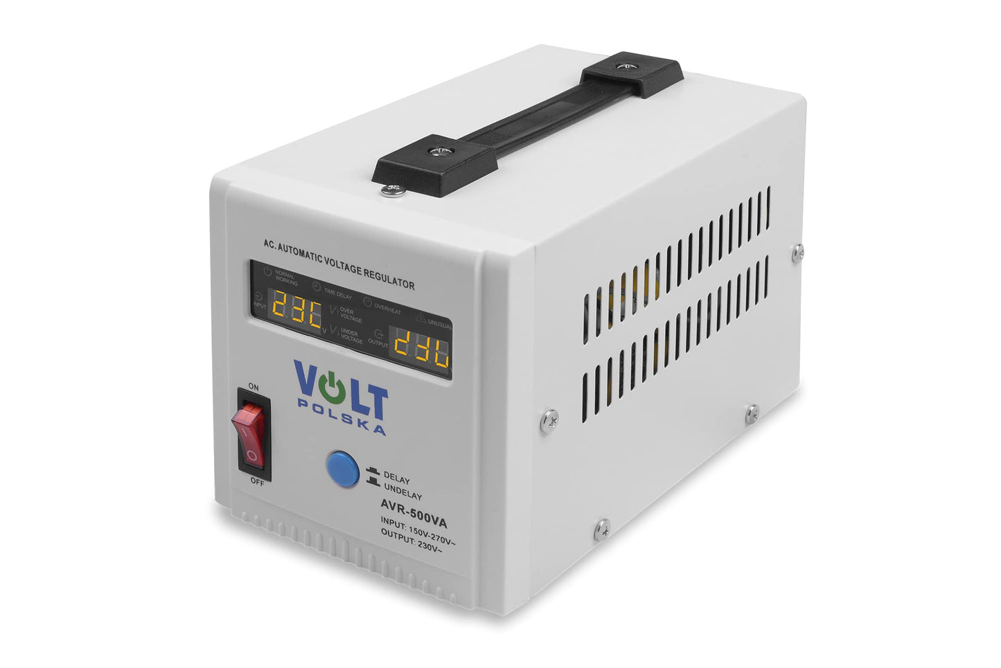 Sprieguma stabilizators AVR 500VA - 8-11% voltage regulation, compact design, reliable power protection.