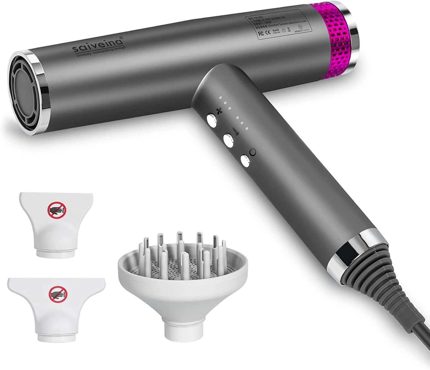 Tarana matu fēns, jonu tehnoloģija, 1450 W, 4 temperatūras iestatījumi, 3 ātruma līmeņi, pelēks, plastmasa, mājām, ceļojumiem, viesistabai