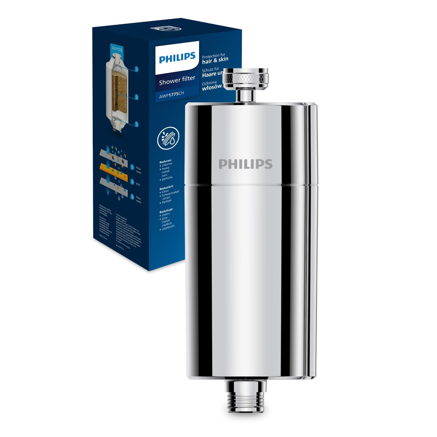 Inline dušas filtrs Philips Water ar 1 rezerves kārtridžu, 50.000 L kapacitāte, samazina hloru līdz pat 99%, der visām standarta šļūtenēm un armatūrām, hroms